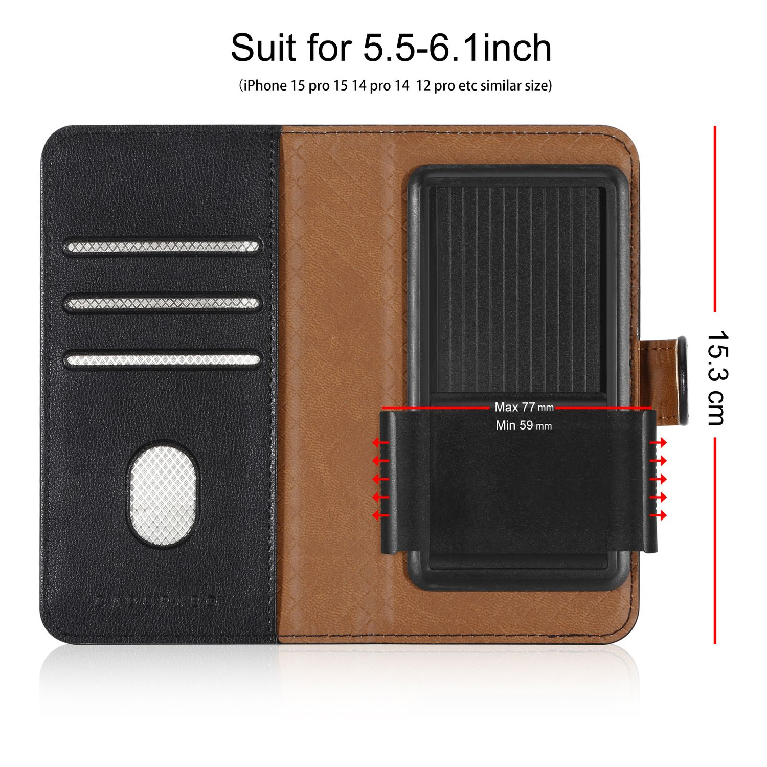 Étui de téléphone noir et marron avec dimensions et texte. Le téléphone est à l'intérieur.