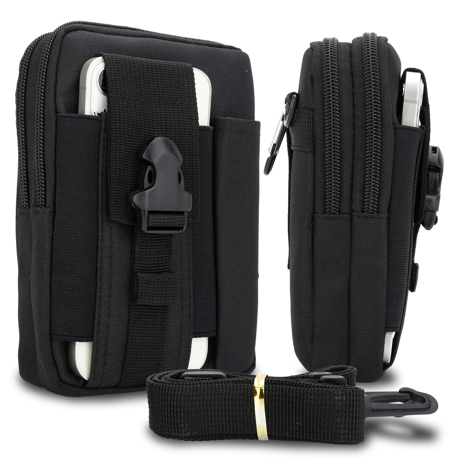 Schwarze Telefontasche. Hat eine Schnalle, eine kleine Tasche und einen Gurt. Zwei Seiten sichtbar.