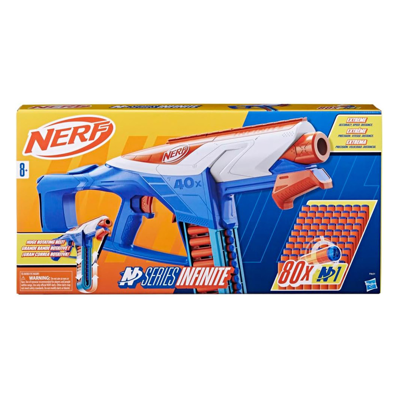 Caja de pistola Nerf con una pistola de juguete azul y naranja, con balas y nombre de la serie en exhibición.