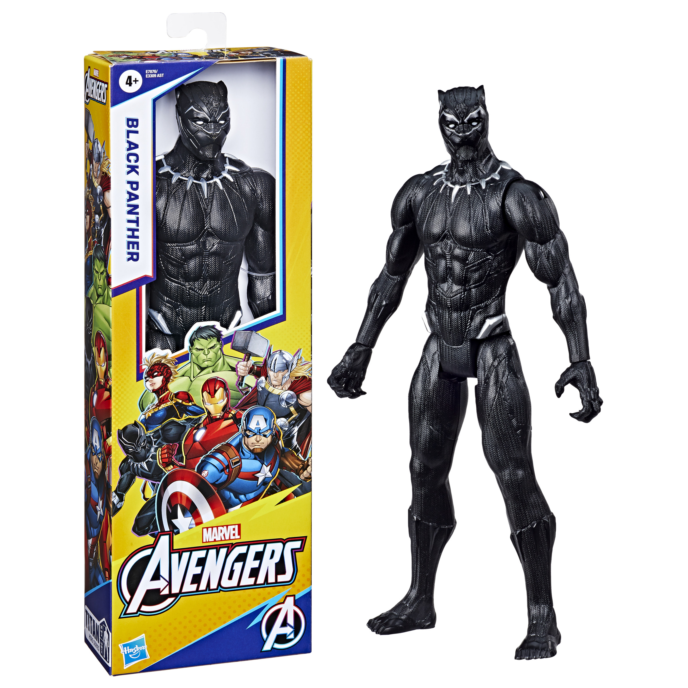 Action figure di Black Panther e scatola, con marchio Marvel Avengers e arte del personaggio.
