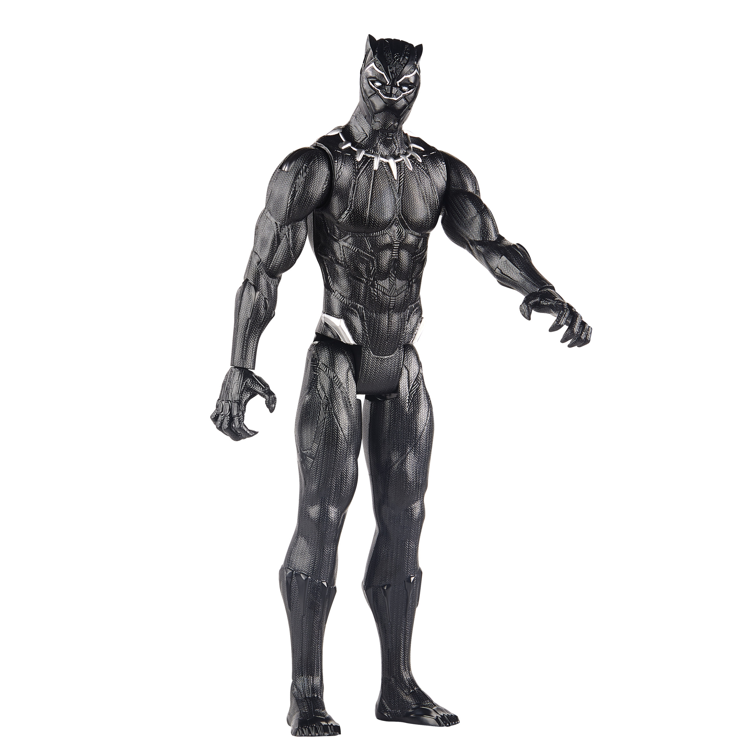 Un action figure di Black Panther in posa dinamica. Indossa un costume nero e ha un'espressione severa.