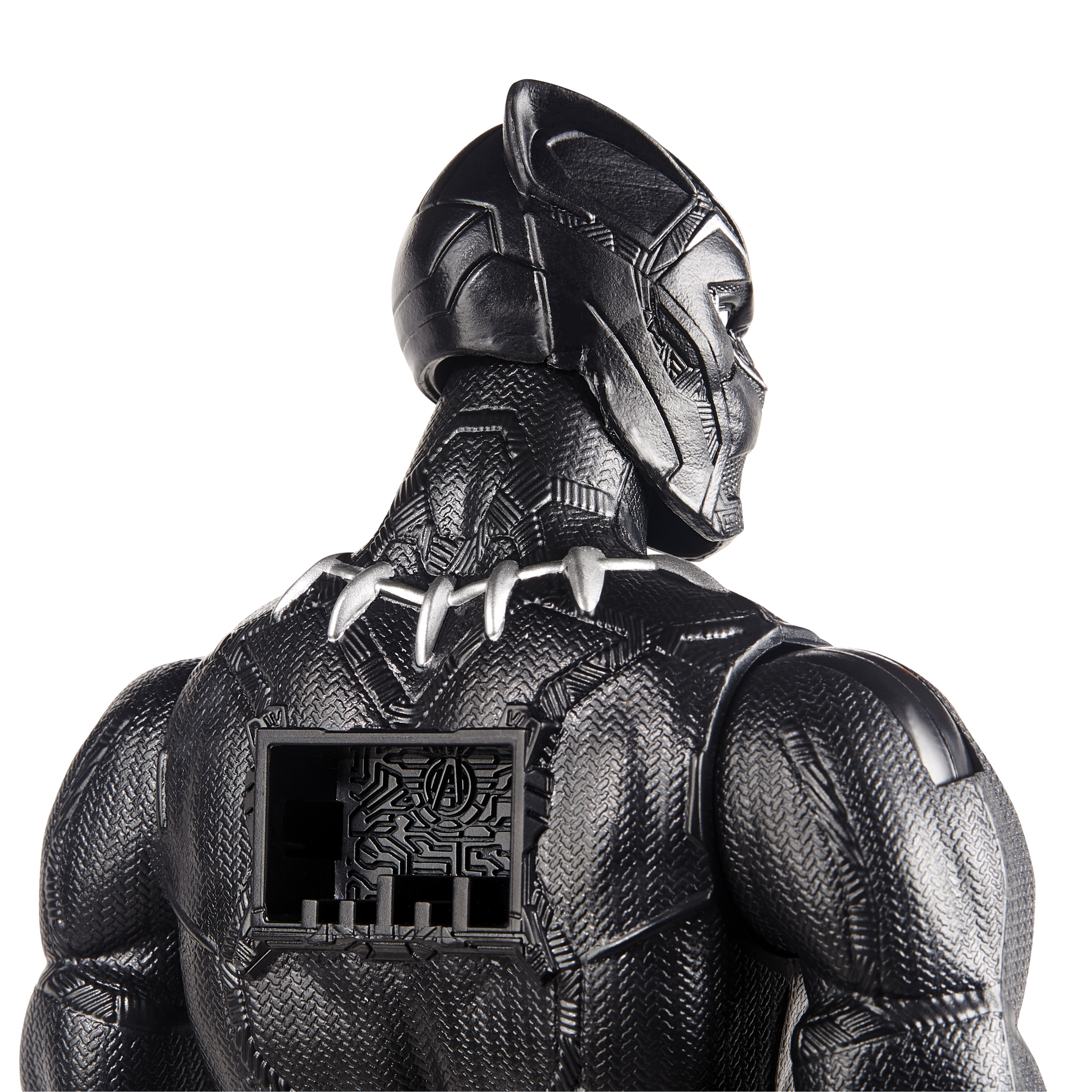 Figurina giocattolo Black Panther. Texture nera e dettagli argentati. Vista posteriore. Sfondo bianco.