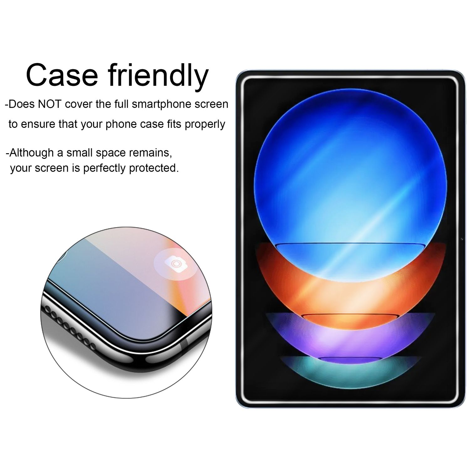 Hüllenfreundlicher Displayschutz. Telefon links, blau-oranges Design rechts.