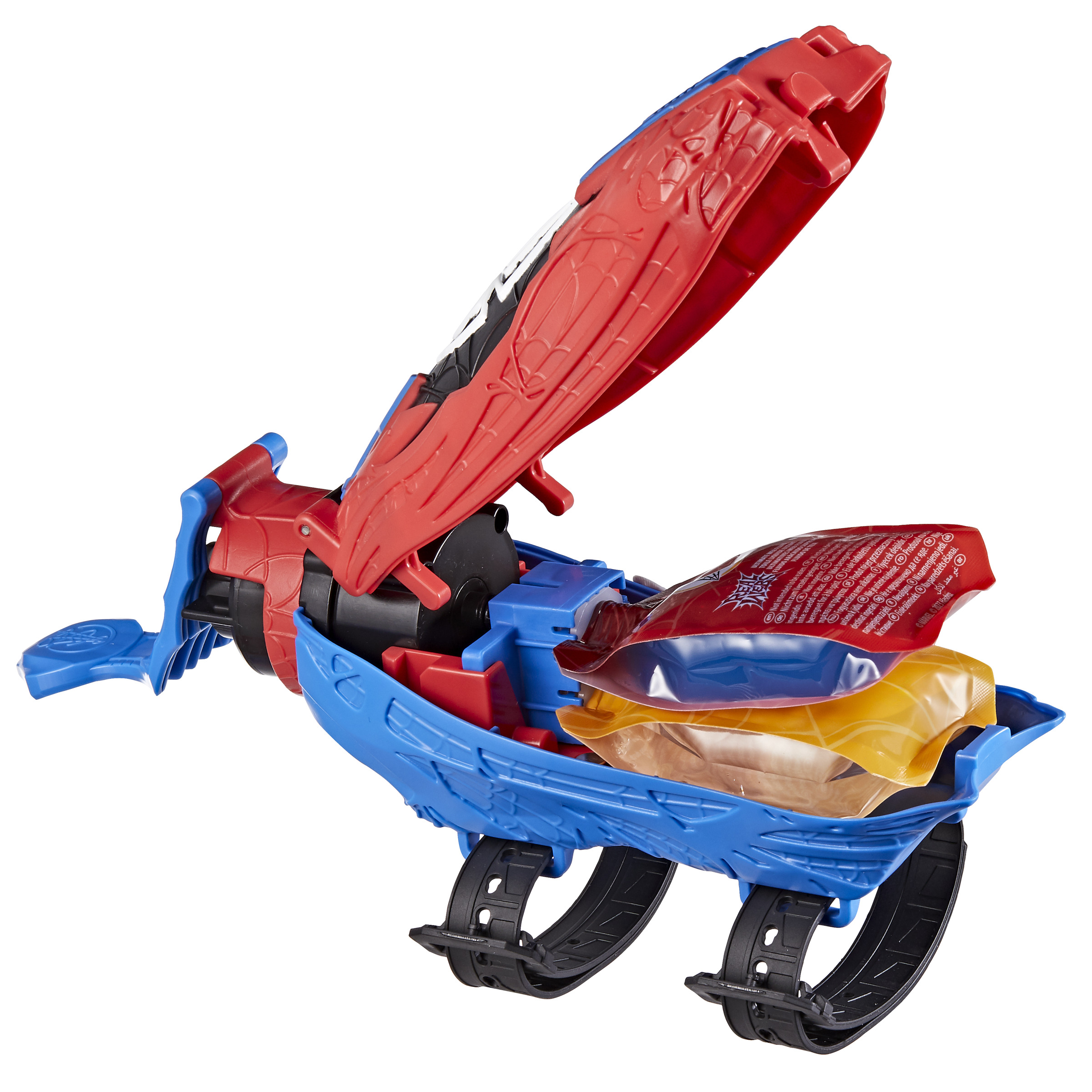 Czerwona i niebieska zabawka Spider-Man z otwartą przegrodą, trzymająca przedmioty.