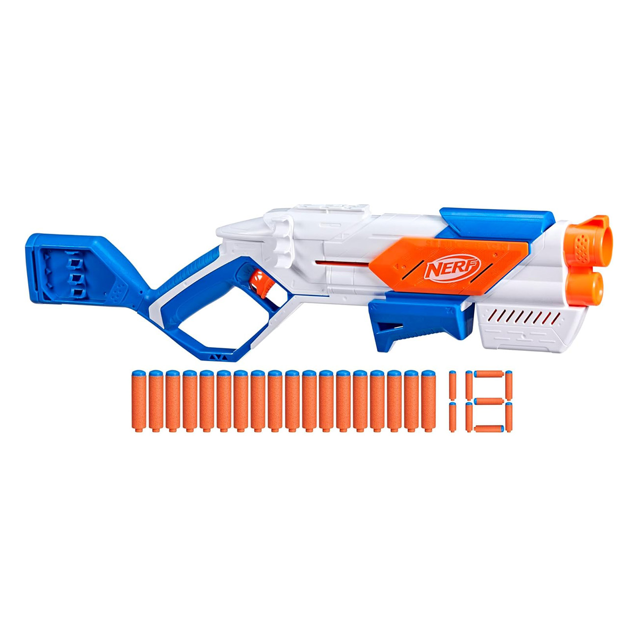 Pistola de juguete Nerf en blanco, azul y naranja con dardos y el número 13.
