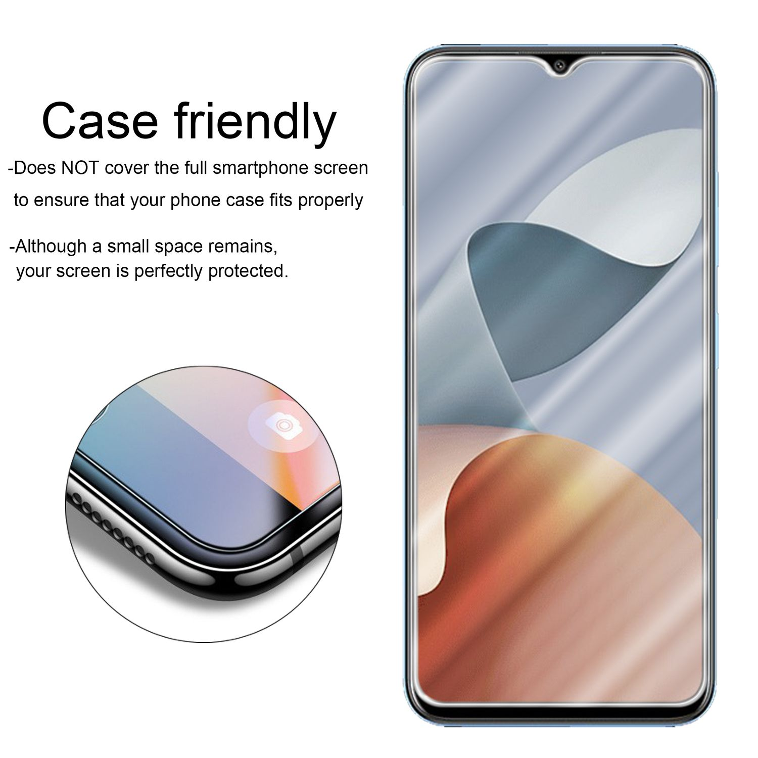 Smartphone-Displayschutz mit Telefon, Text weist auf ein Gehäuse-freundliches Design hin.