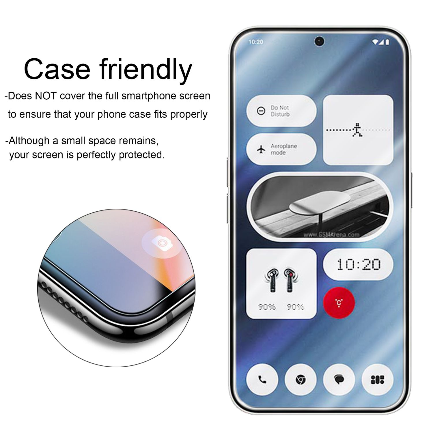 Smartphone mit Displayschutz. Links ein Telefon mit angebrachtem Displayschutz. Rechts die UI.