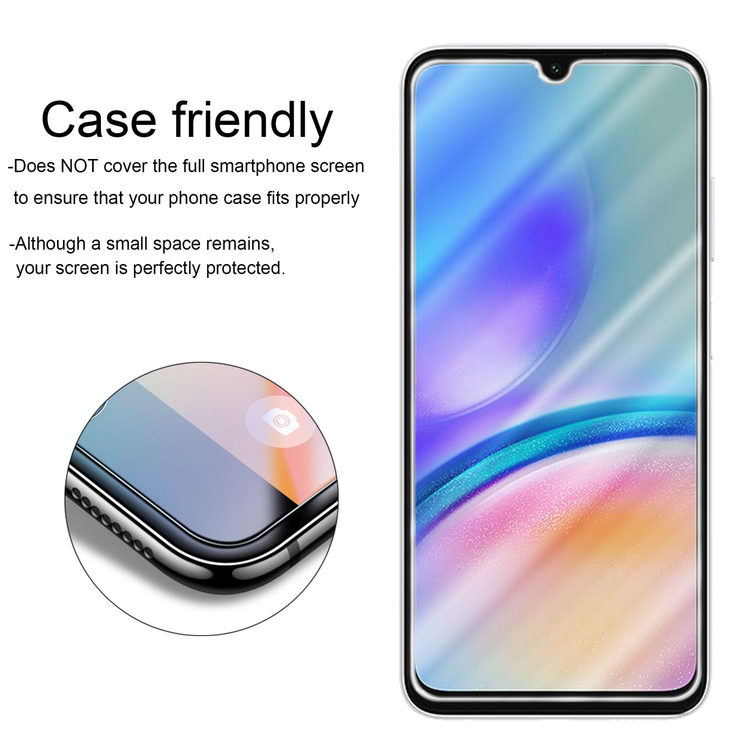 Smartphone mit Displayschutz. Zeigt das Telefon mit angebrachtem Schutz. Der Bildschirm zeigt UI.