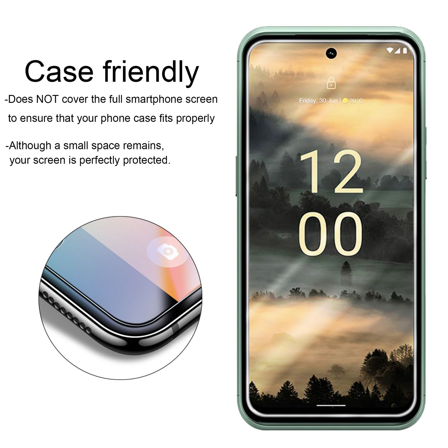 Grüne Handyhülle mit Telefon im Inneren. Der Bildschirm zeigt eine Uhr. Hülle ist grün.