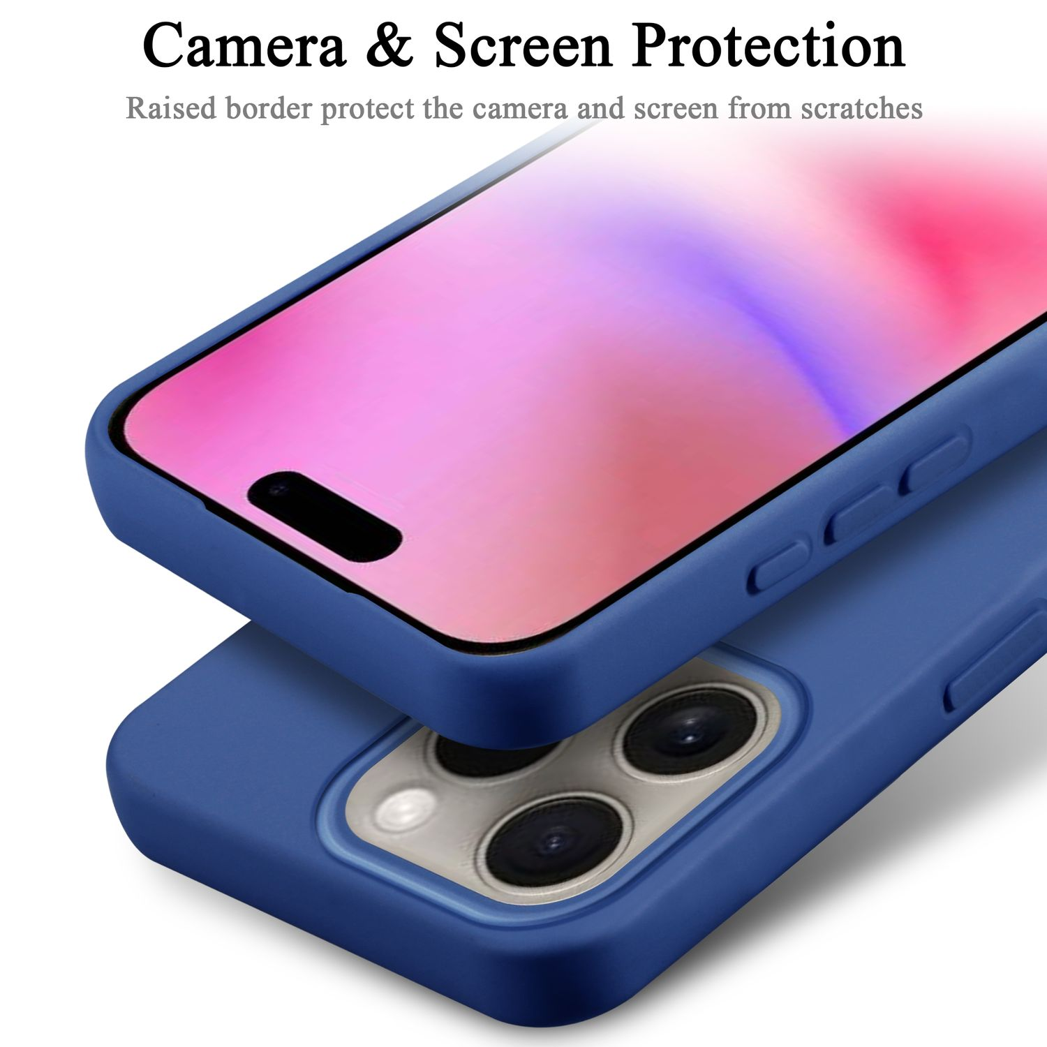 Blaue Handyhülle mit Displayschutz. Die Handyhülle bedeckt das Handy. Schutztext oben.