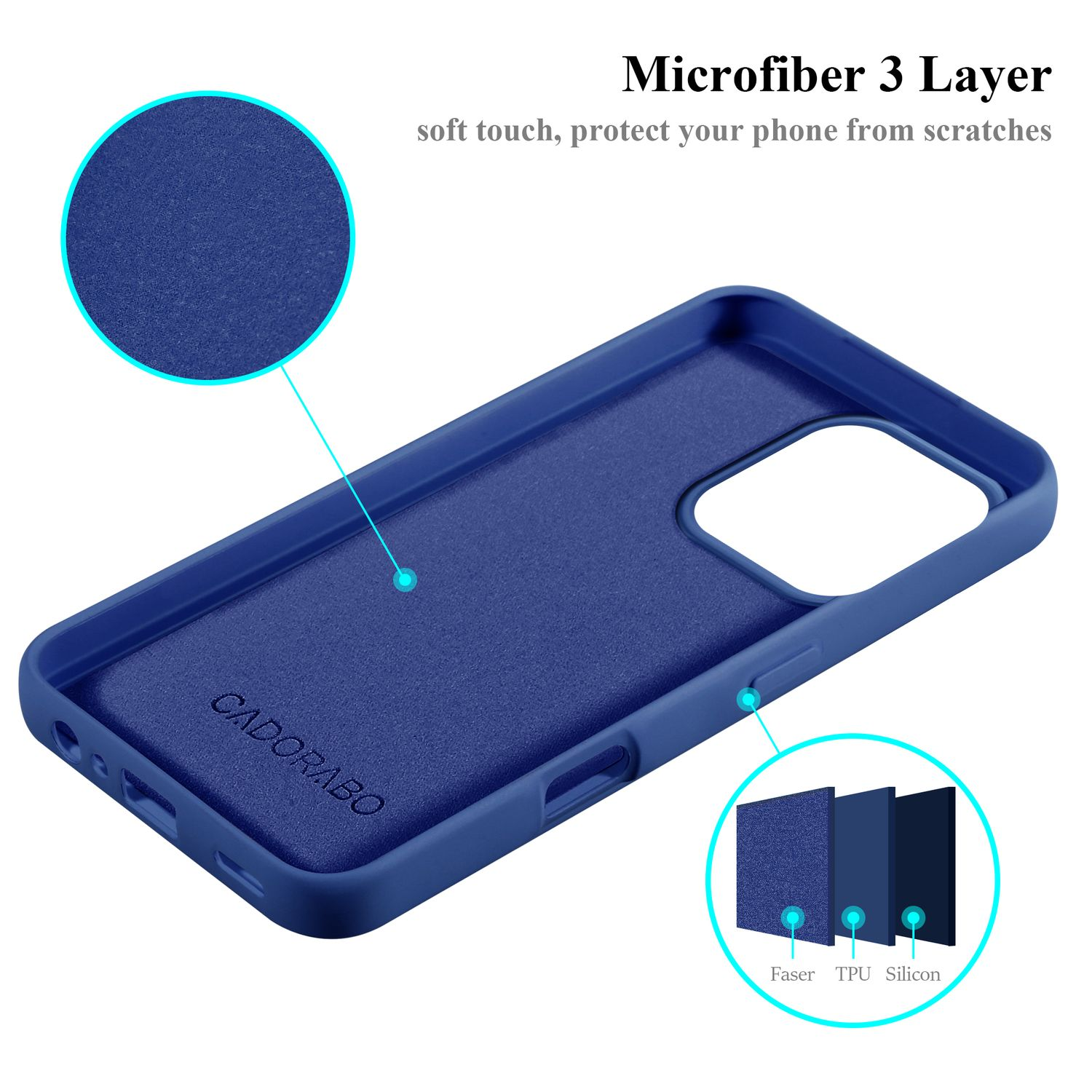 Blaue Handyhülle mit Mikrofaser-Schicht. Pfeile zeigen auf die Gehäusedetails. Markenname ist 'CADORABO'.