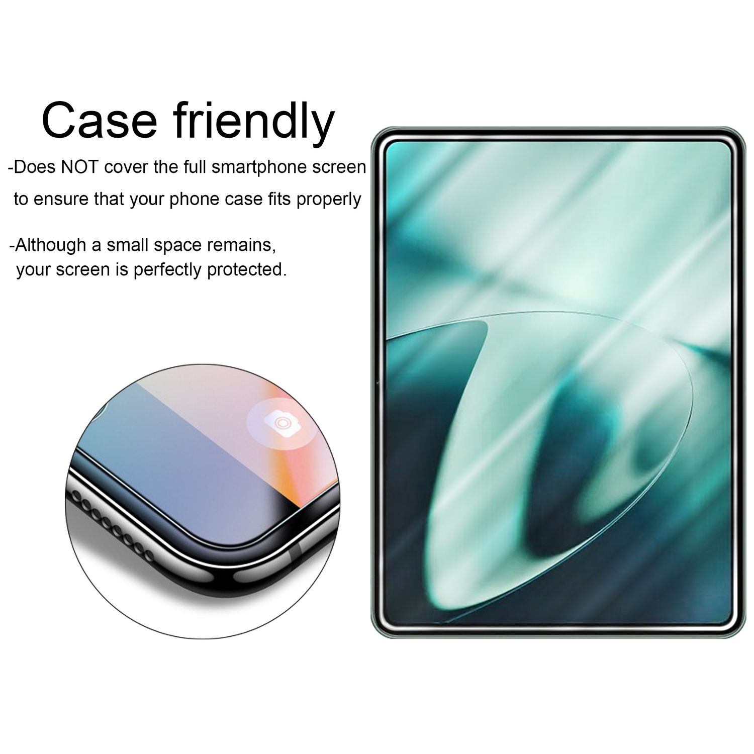 Ein Displayschutz für das Telefon, mit einem teilweise sichtbaren Telefon. Text sagt Gehäusefreundlich.