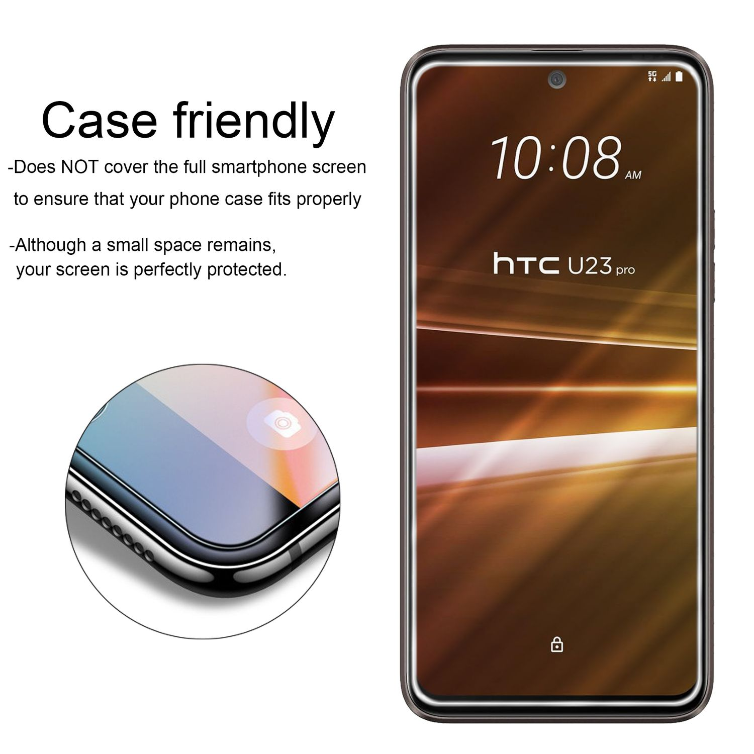 Ein Smartphone-Bildschirm mit HTC-Logo und ein Displayschutz links.
