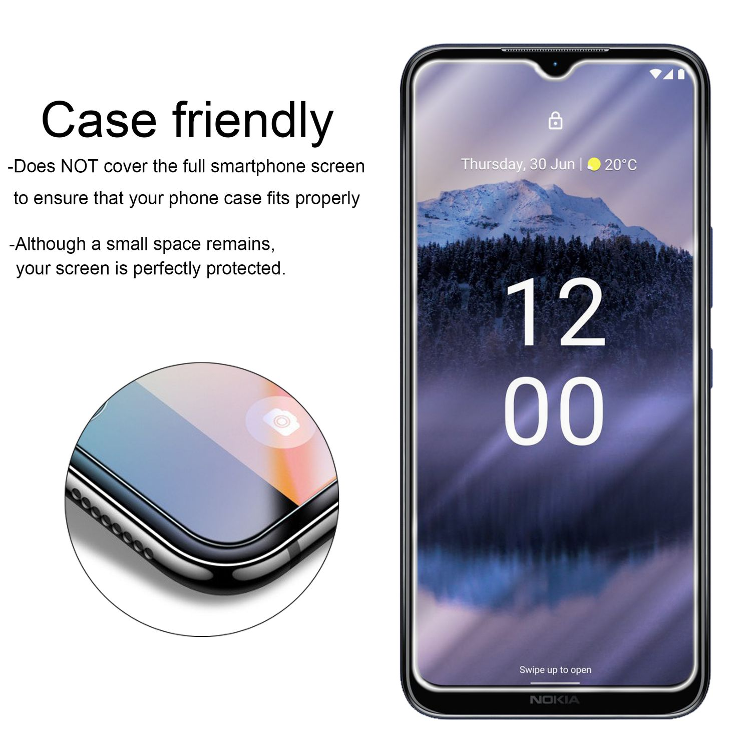 Displayschutzfolie über einem Telefon. Text: Gehäusefreundlich. Das Telefon zeigt eine Uhr.