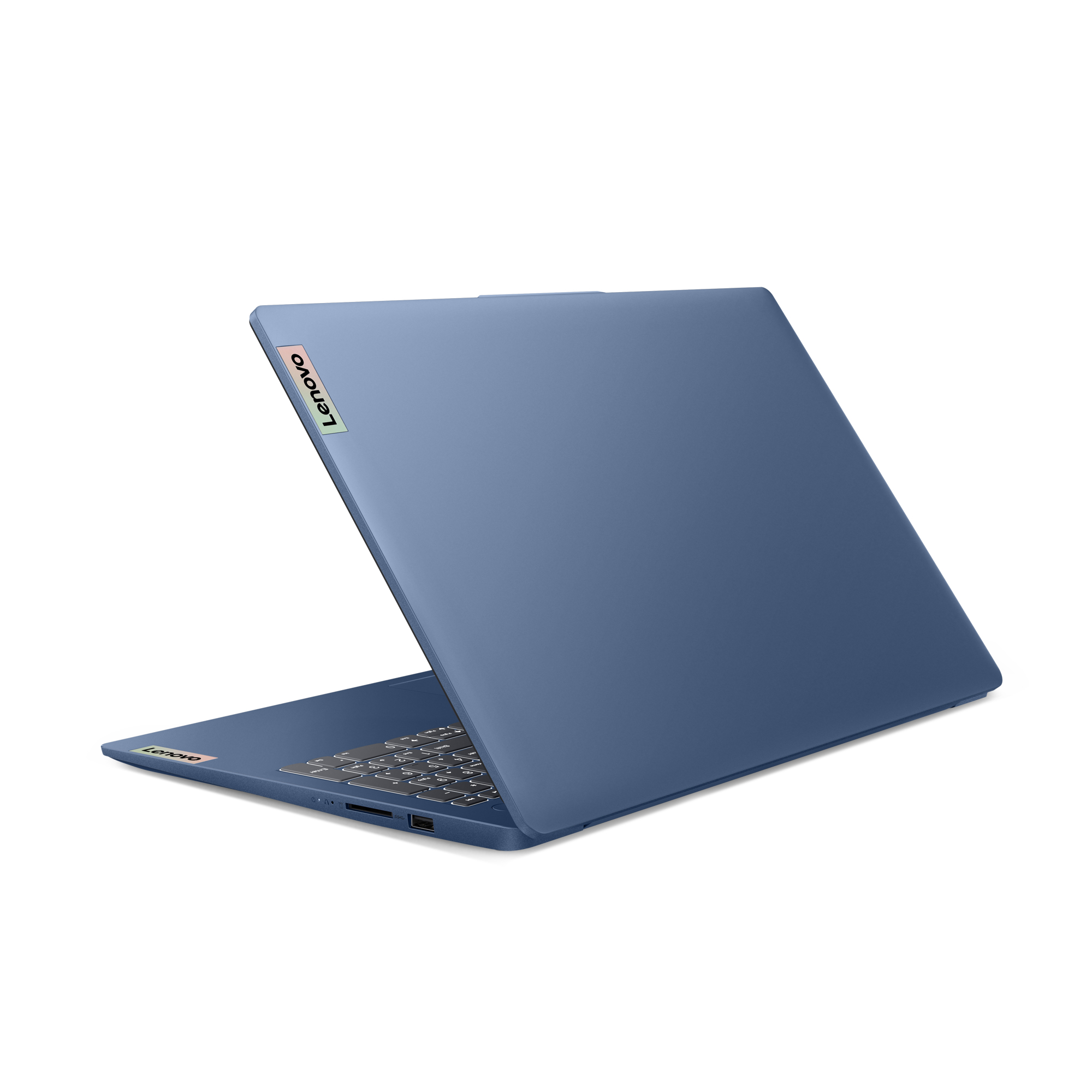 Blauer Lenovo Laptop, geöffnet, Tastatur sichtbar. Hintergrund: Weiß.