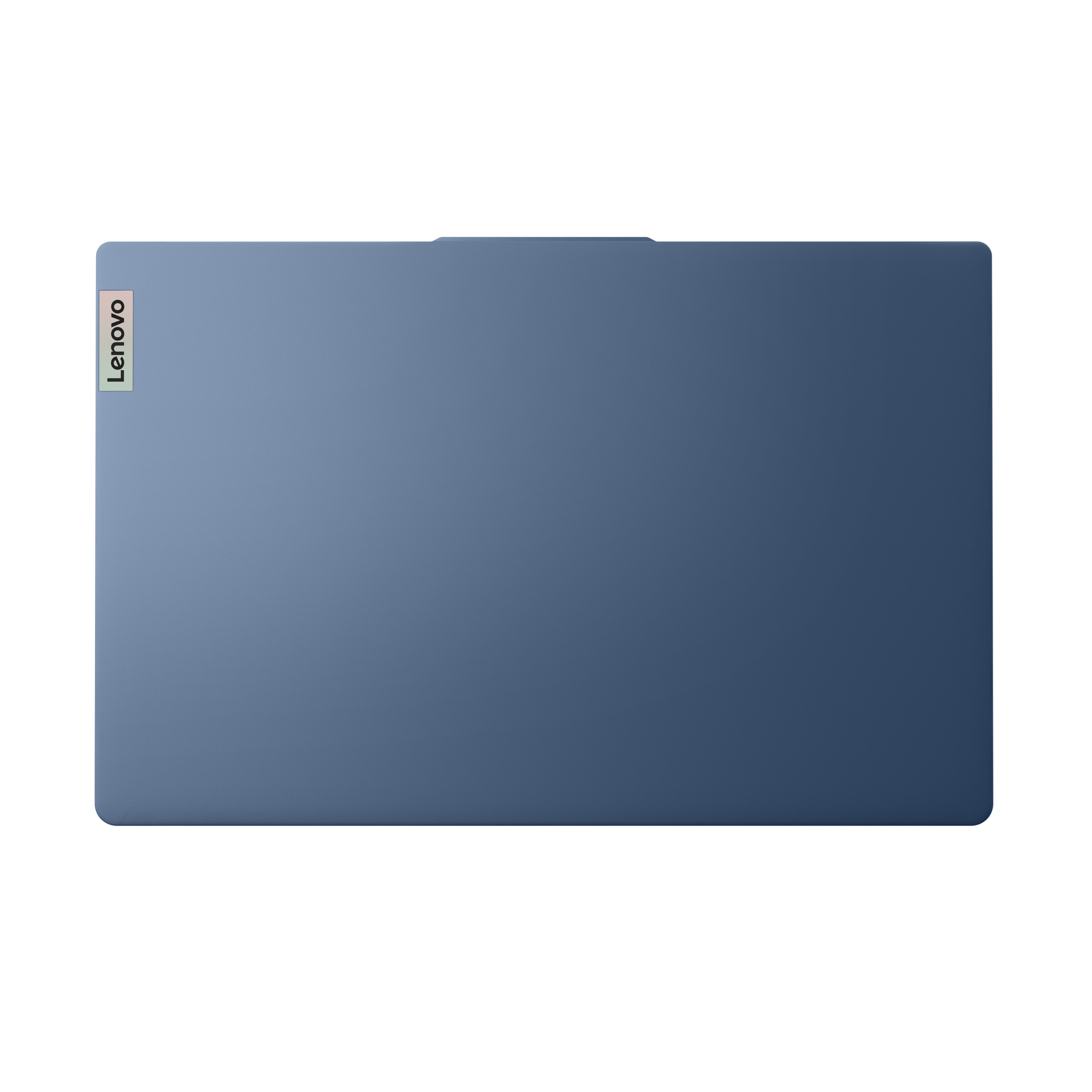 Ein blauer Lenovo-Laptop mit Lenovo-Logo. Der Laptop ist geschlossen und von oben betrachtet. Der Hintergrund ist weiß.