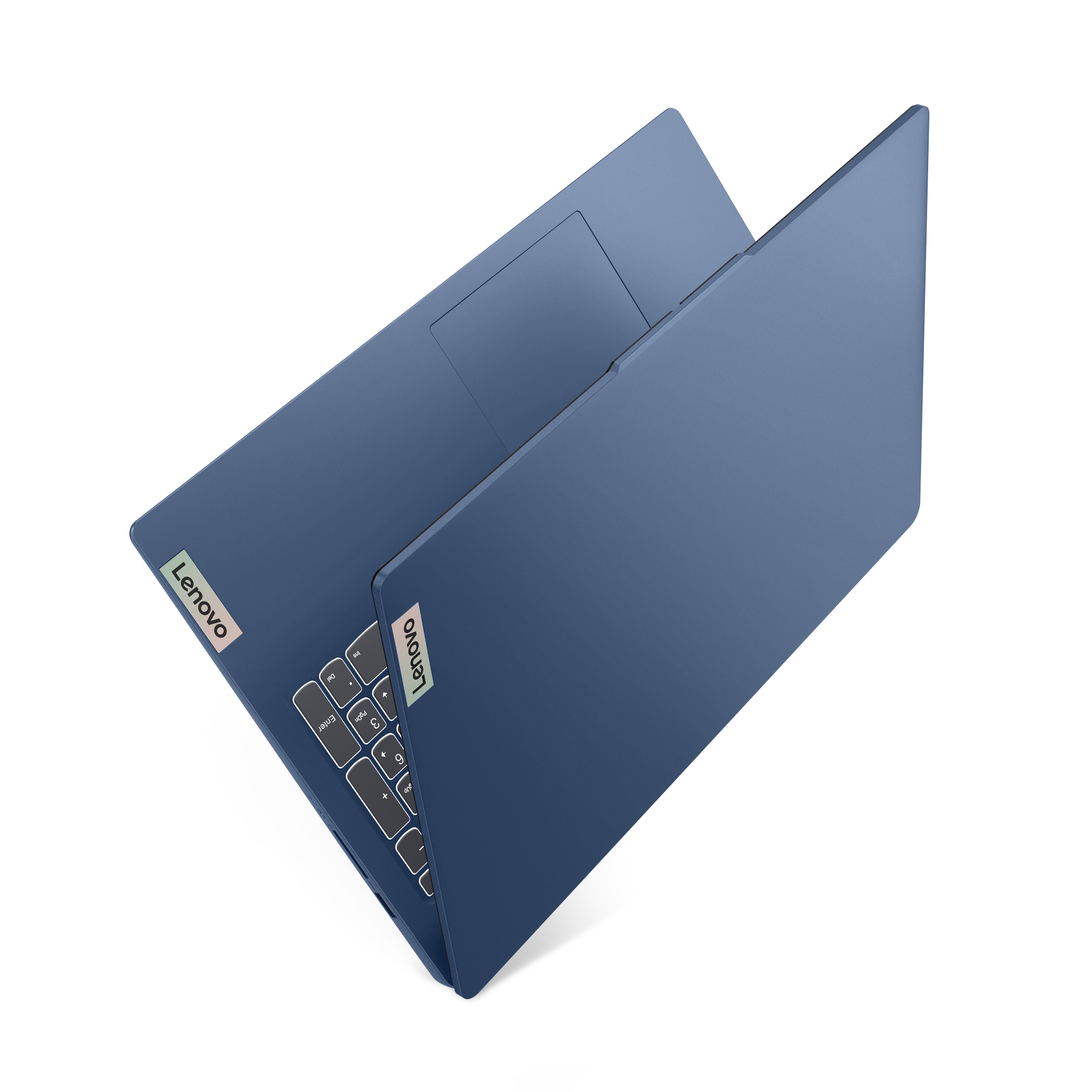 Blauer Laptop offen, Draufsicht, zeigt die Tastatur und das Lenovo-Logo.