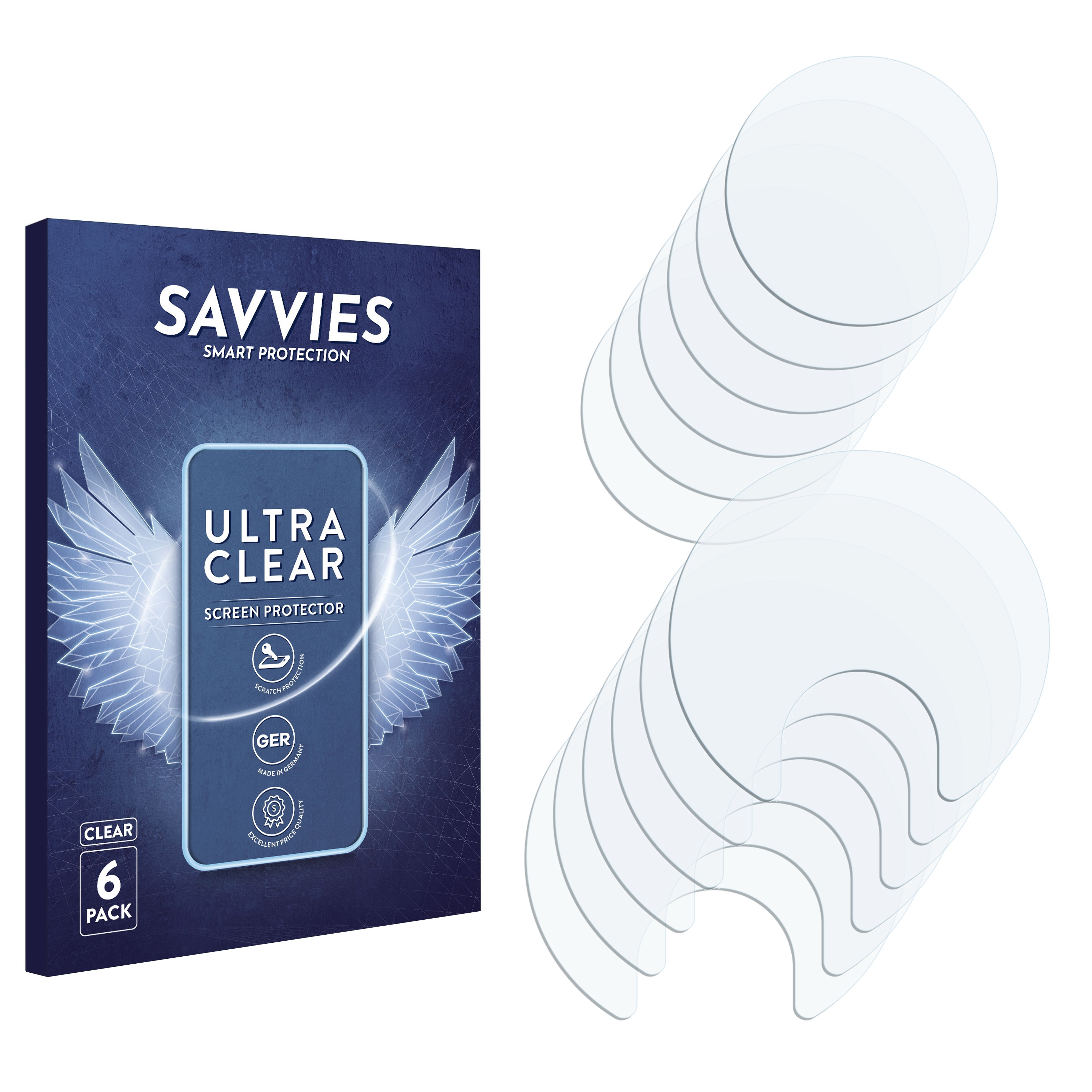 Eine Displayschutzfolienbox mit sechs kreisförmigen Displayschutzfolien. Die Box hat ein blaues Design.