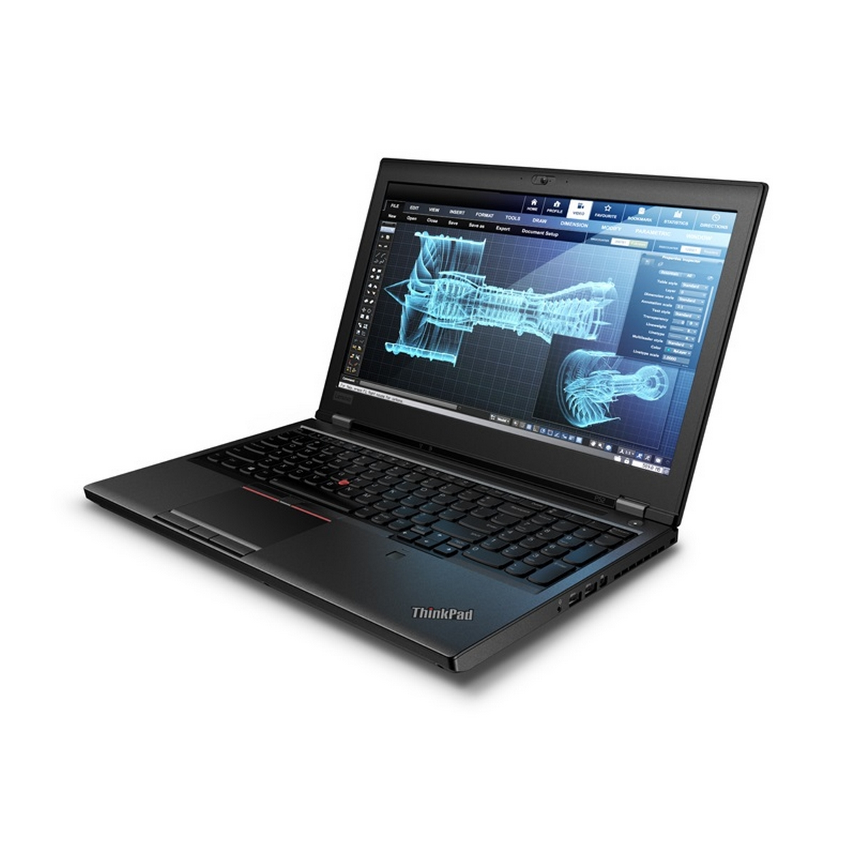 Laptop ThinkPad nero su sfondo bianco, che mostra un disegno tecnico sullo schermo.