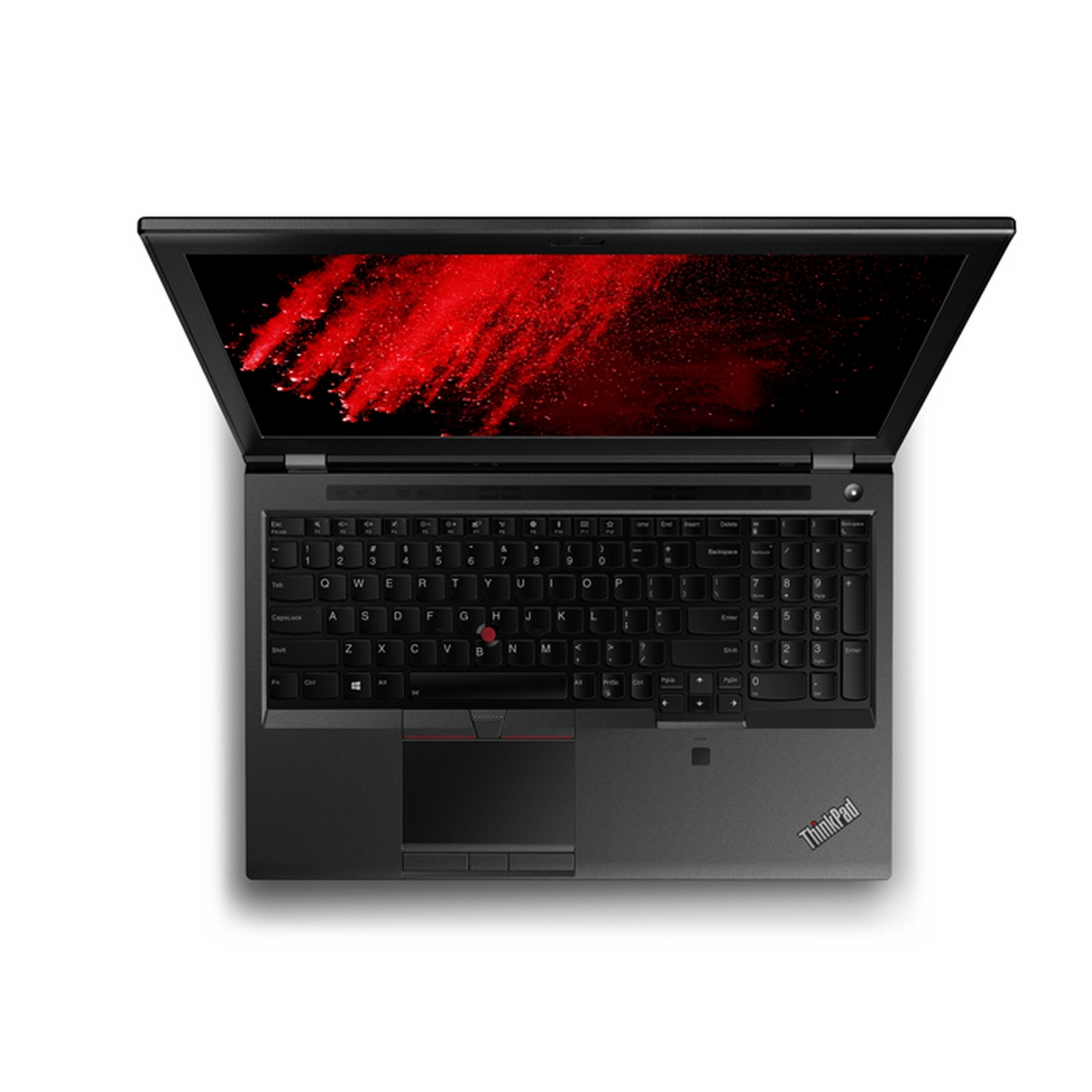 Un laptop con tastiera nera e grafica rossa sullo schermo, aperto su una superficie bianca.