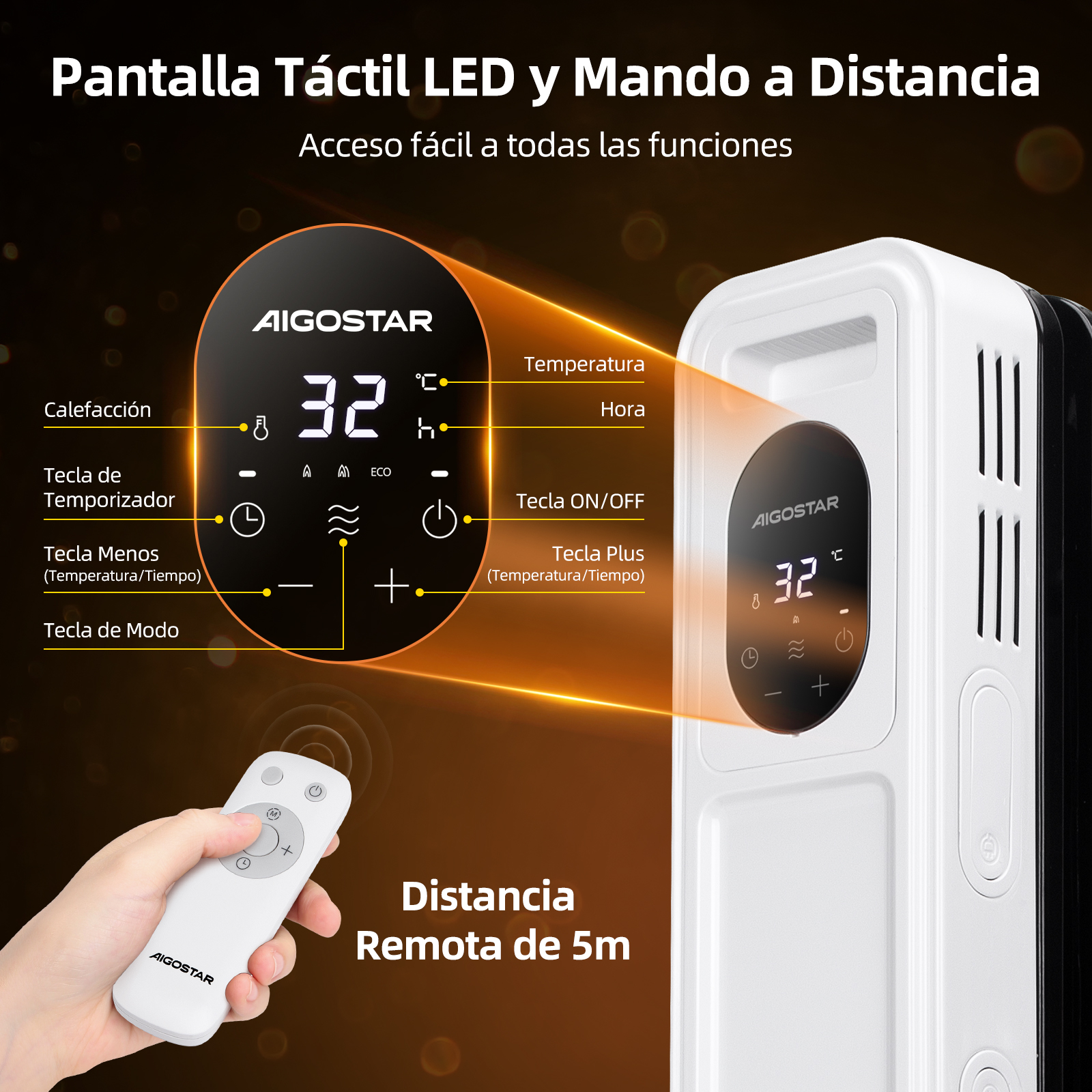 Calentador digital con pantalla y mando a distancia. Pantalla muestra temperatura, hora y controles en superficie blanca.