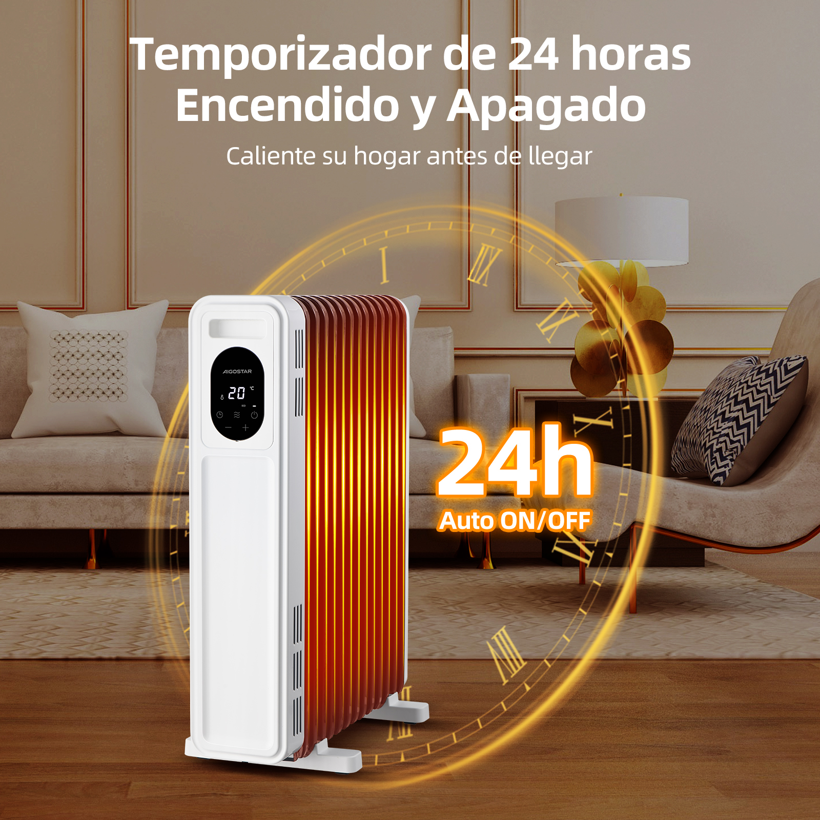Calentador de aceite con pantalla digital. Muestra la hora y la temperatura. Fondo con muebles.