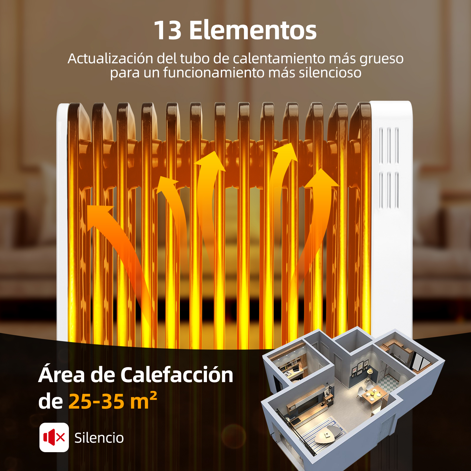 Un calentador blanco con flechas naranjas que muestran el flujo de calor, con una ilustración de la habitación.