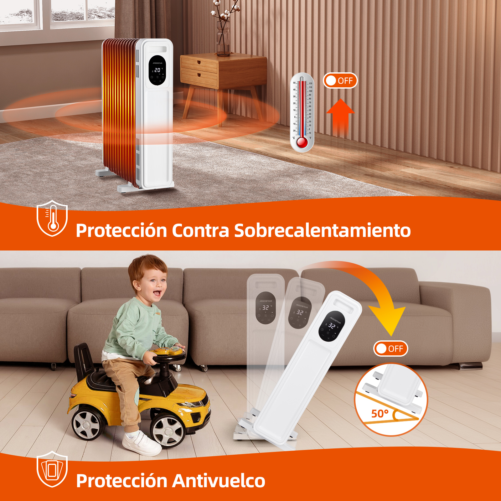 Un niño en un coche de juguete, un calefactor y un termómetro. Se proporcionan instrucciones.