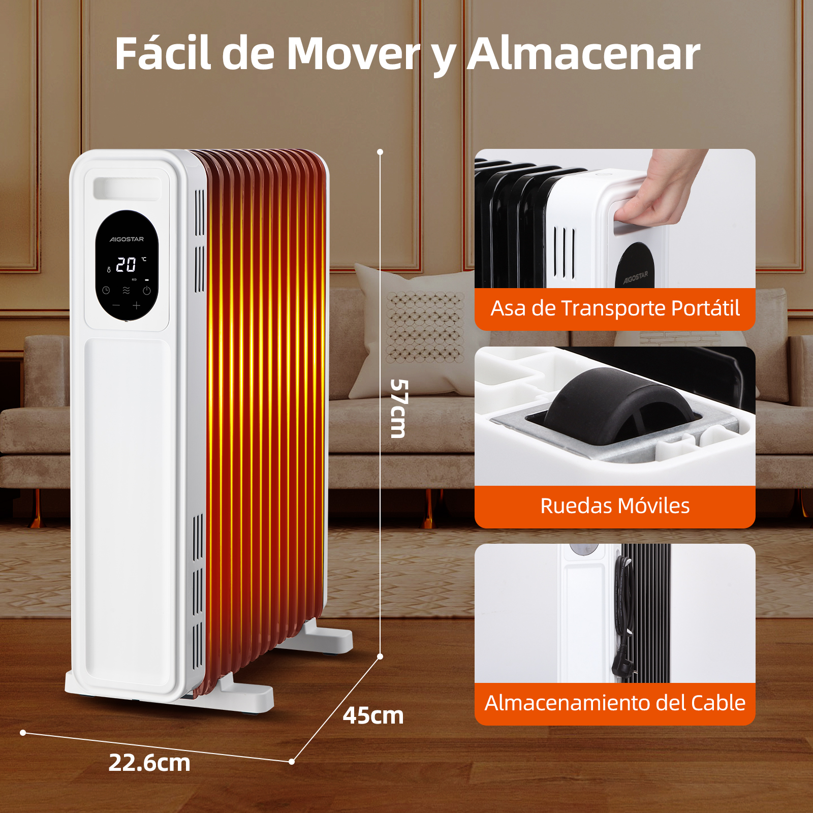 Calentador eléctrico blanco y rojo con dimensiones en una habitación.