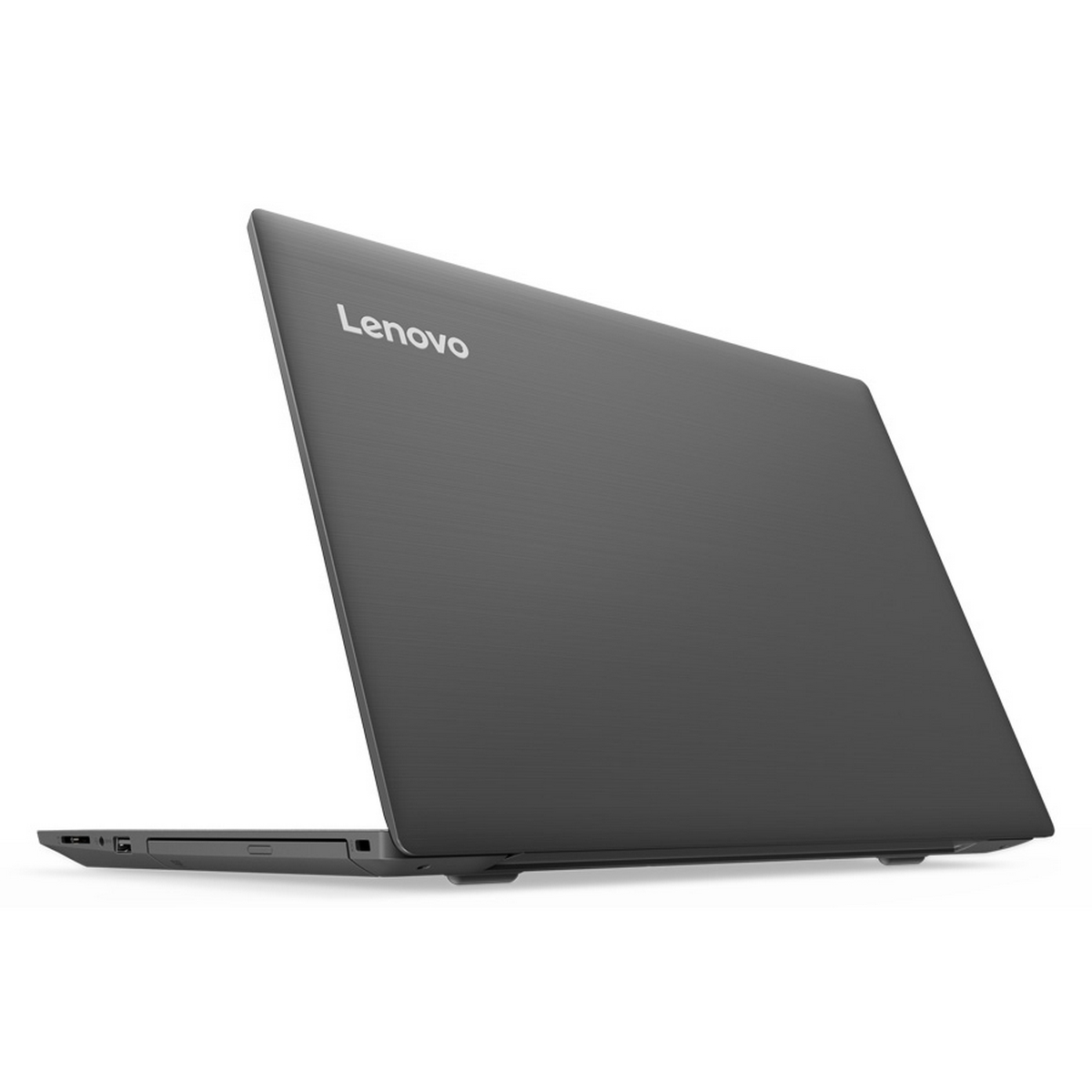 Un laptop grigio con il logo Lenovo sul coperchio, leggermente aperto su sfondo bianco.
