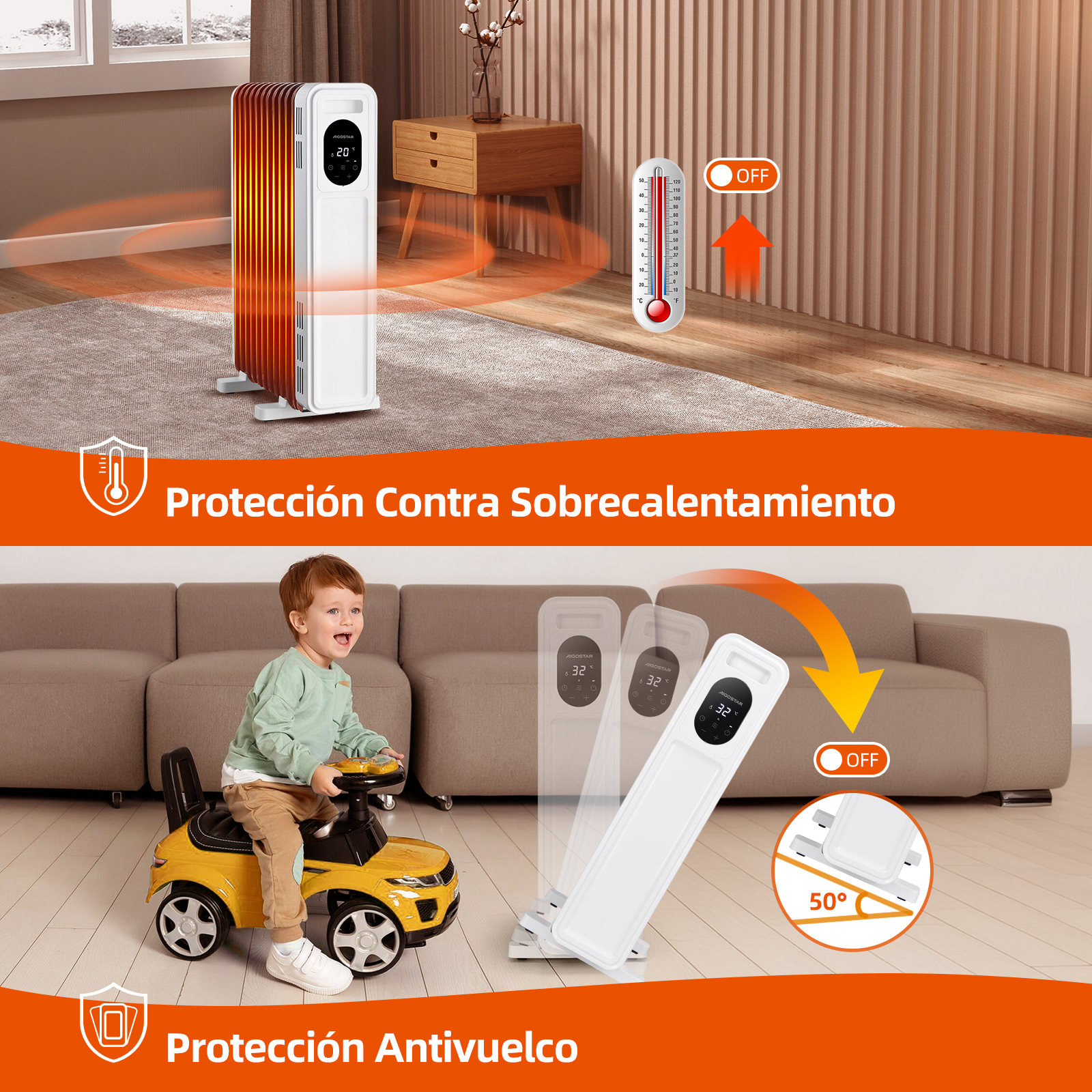 Kind auf gelbem Spielzeugauto, orangefarbener Heizkörper, Thermometer. Text-Overlays.