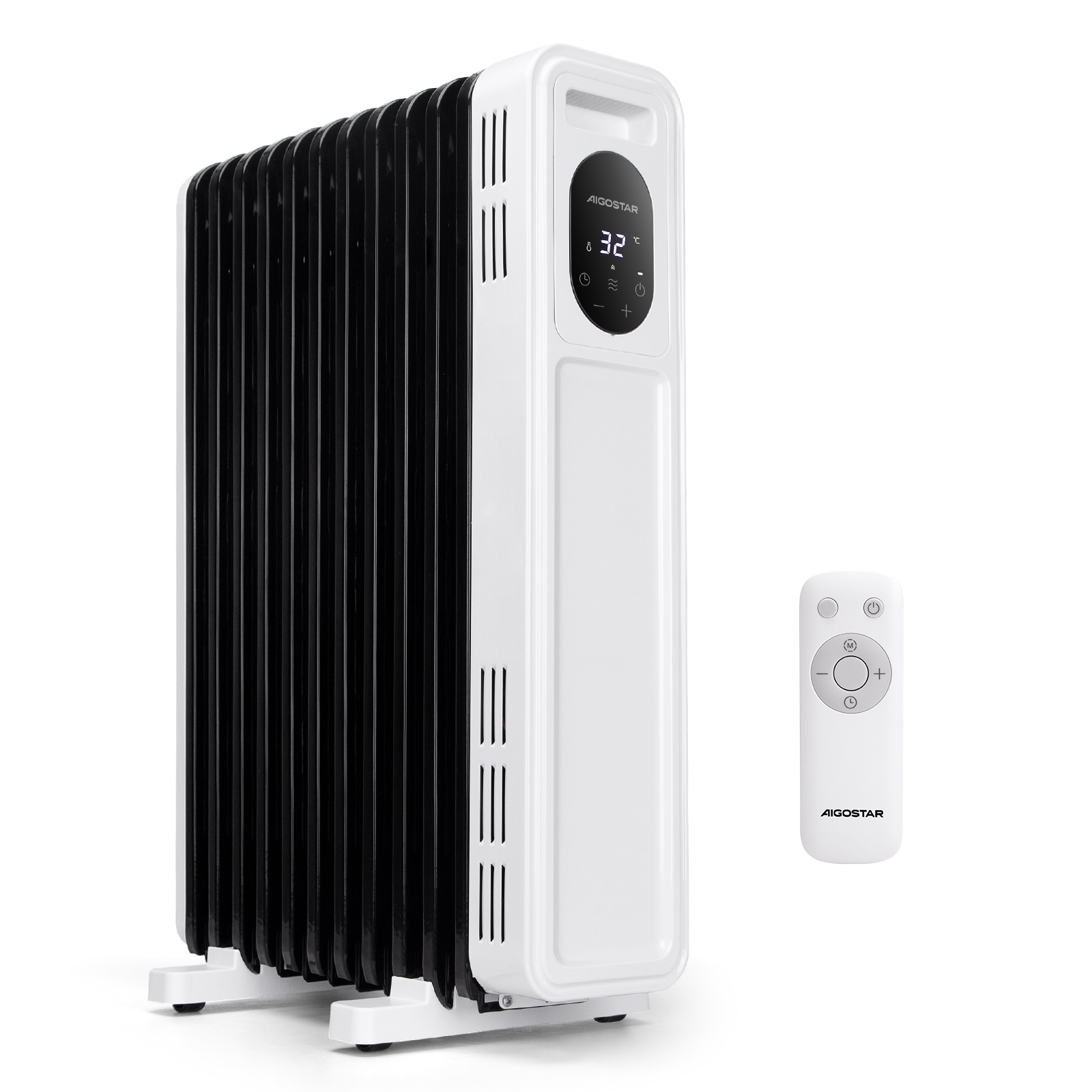 Weißer Ölradiator mit Digitalanzeige. Eine Fernbedienung liegt rechts daneben.