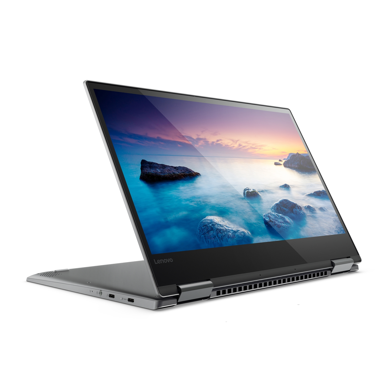 Laptop nero con una persona che salta sullo schermo, posto su una scrivania.
