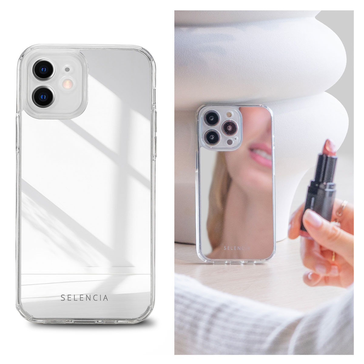 Twee afbeeldingen van een doorzichtige telefoonhoes. Eén toont de hoes, de andere toont het gezicht van een vrouw erin.