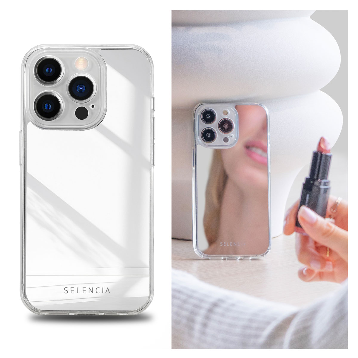 Telefoonhoesje met spiegel, telefoon en lippenstift, witte achtergrond.