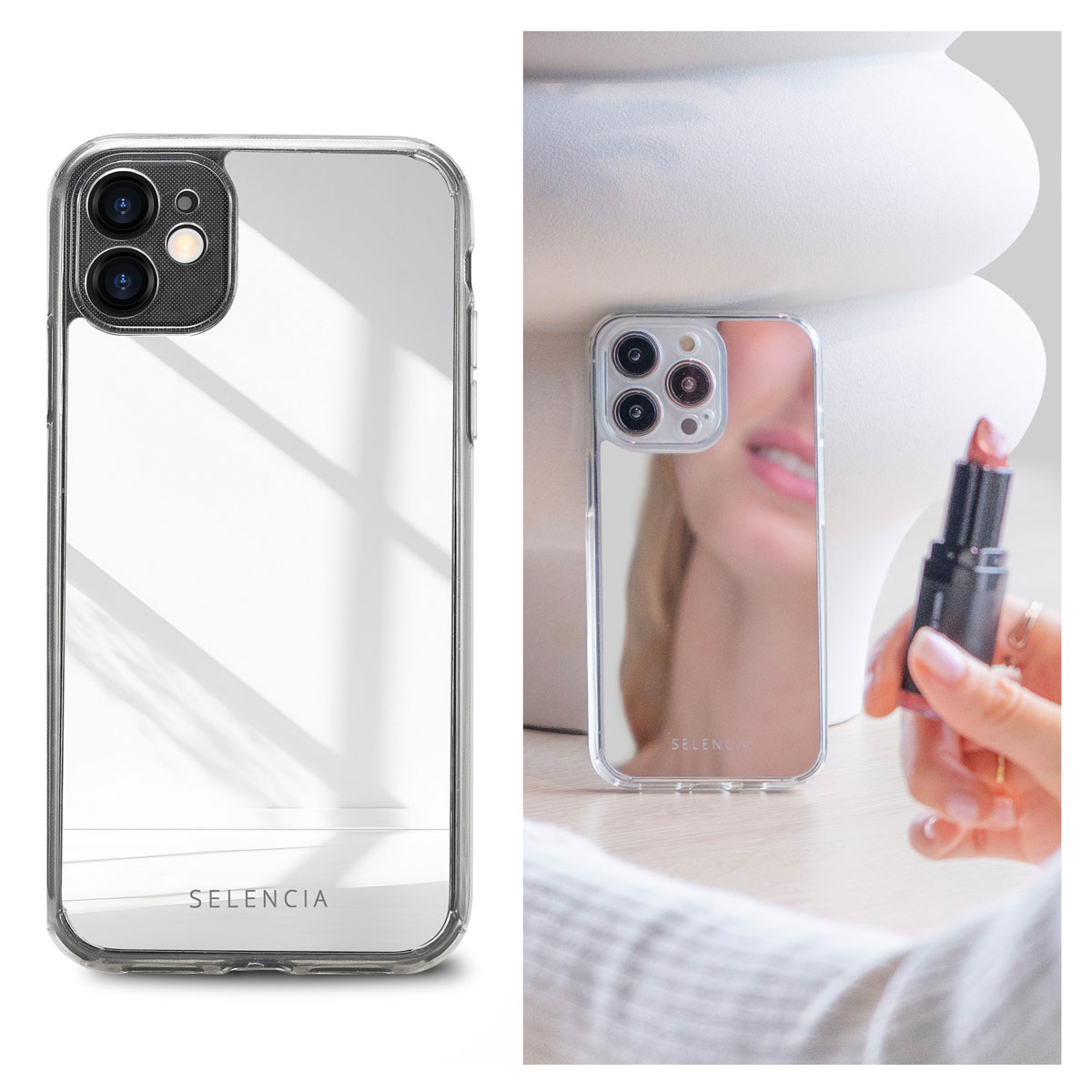 Deux miroirs, l'un avec une coque d'iPhone, l'autre avec un rouge à lèvres et un visage.