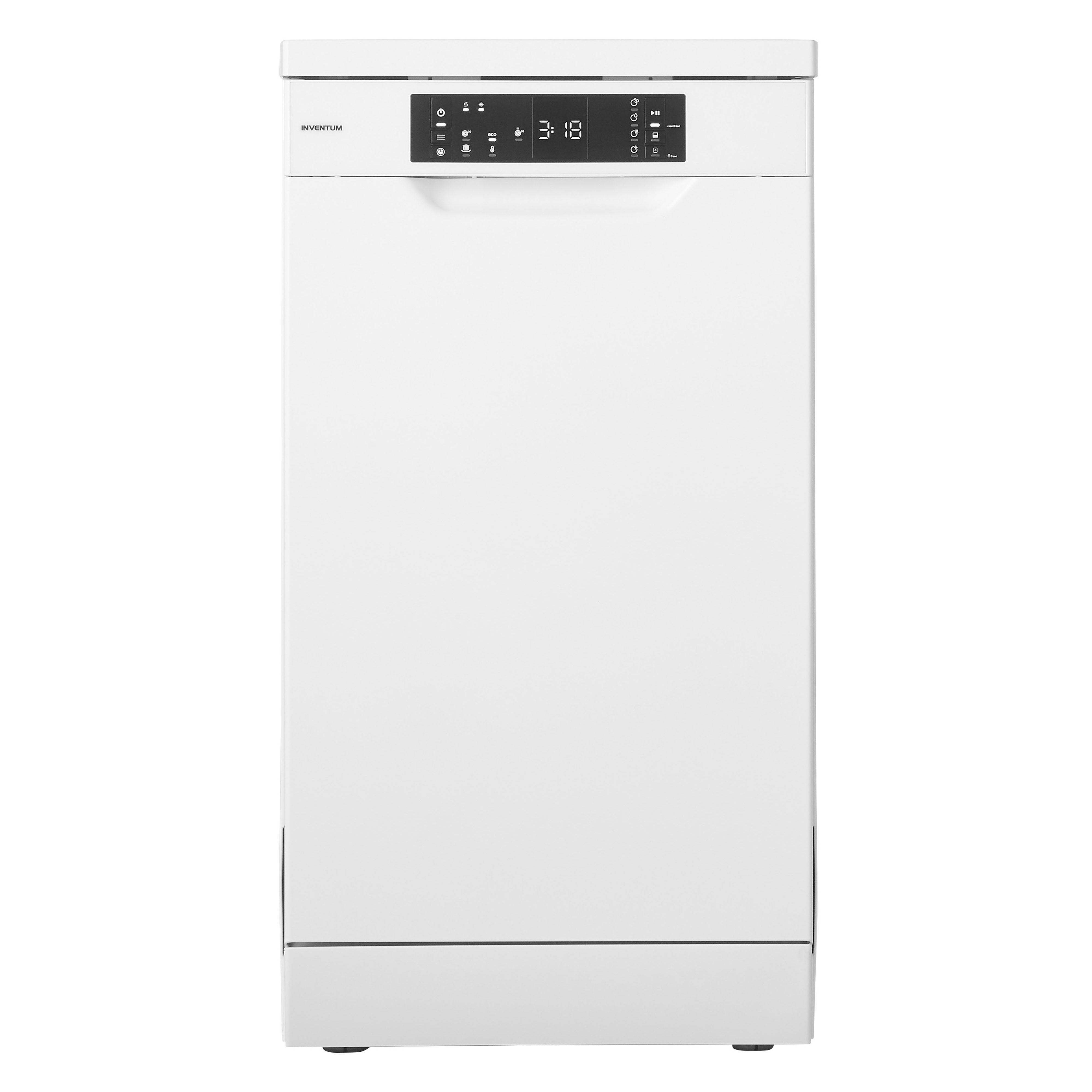 White Inventum dishwasher with digital display. White background.