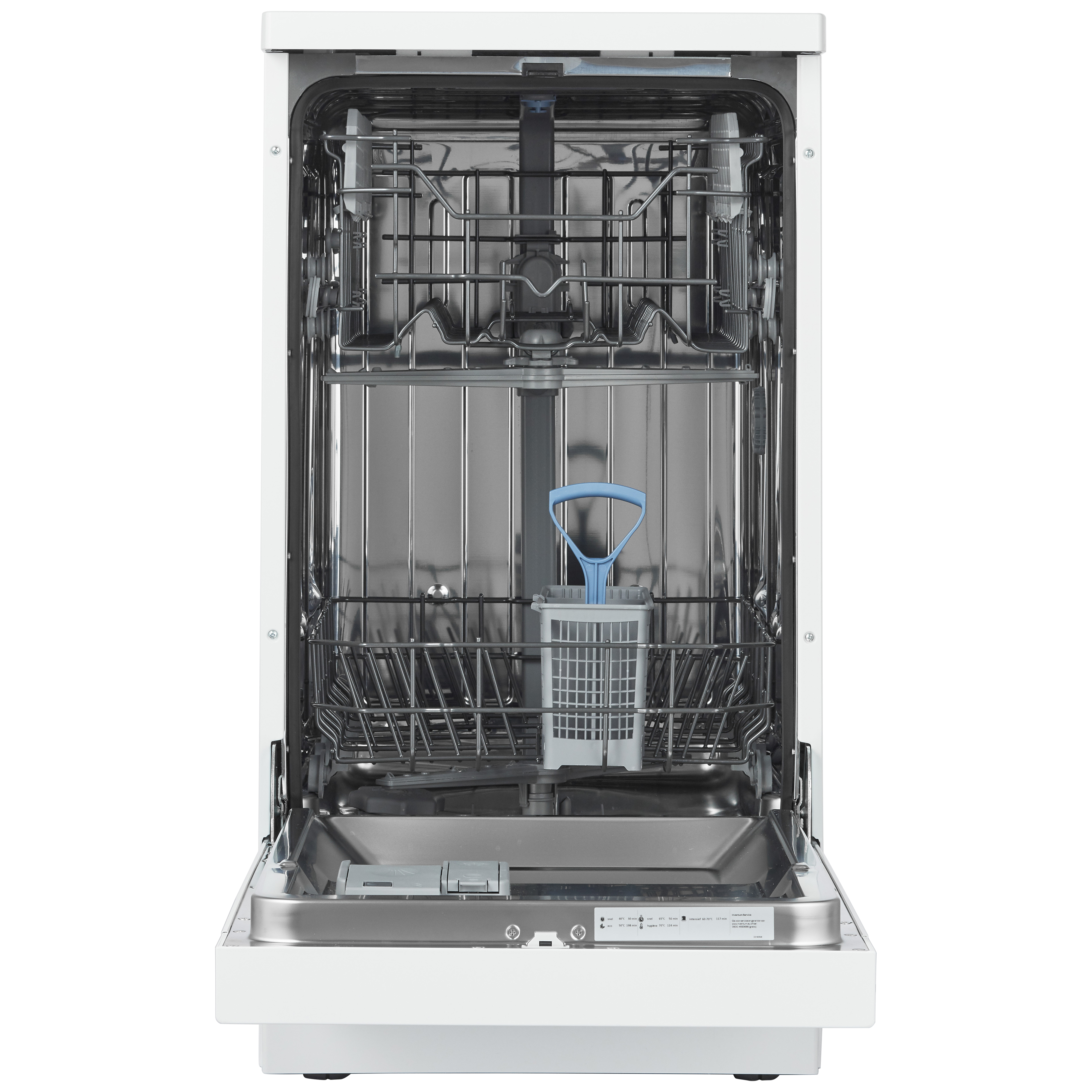 White dishwasher with open door. Interior with racks and a basket. Utensils are inside.