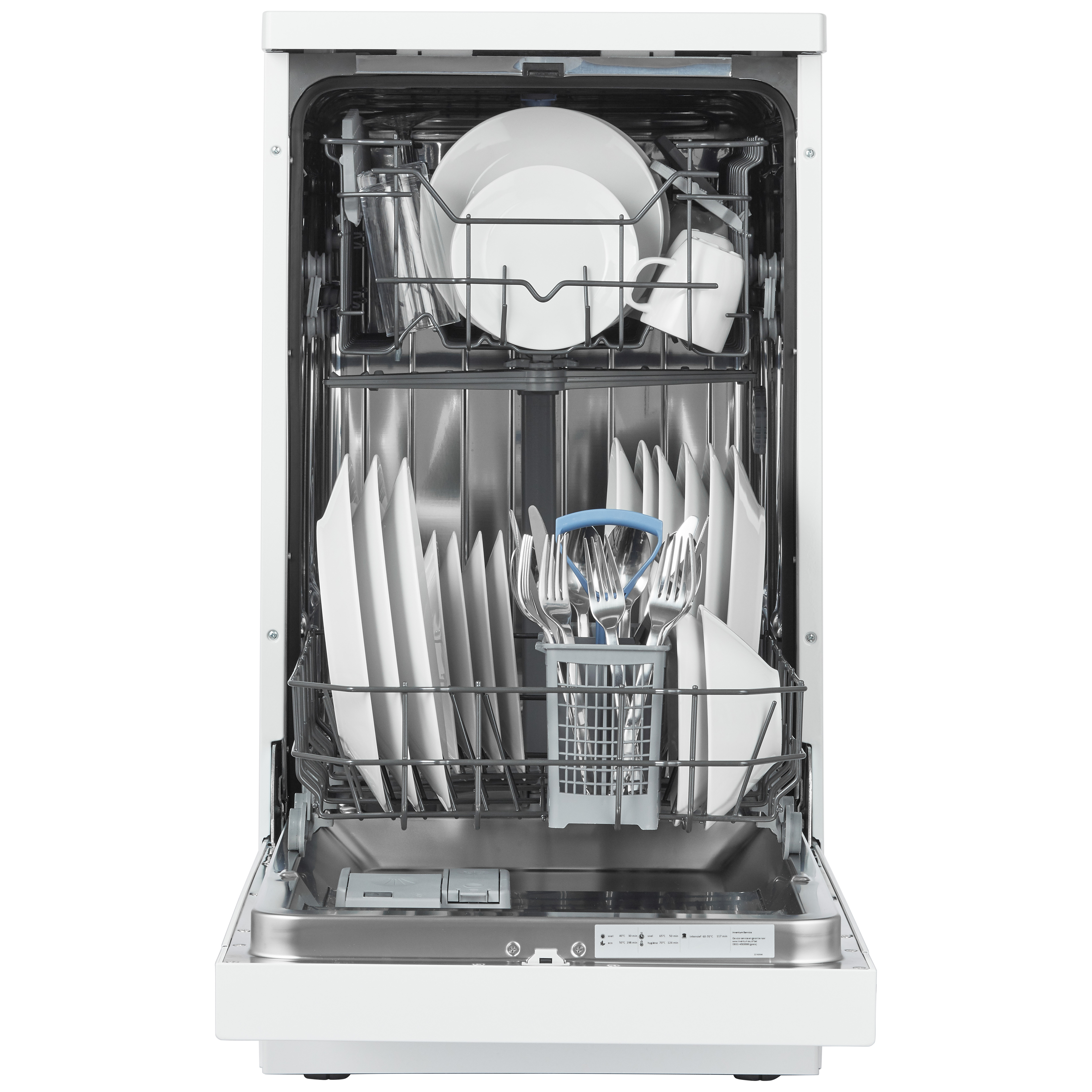 A white dishwasher with an open door, loaded with dishes.