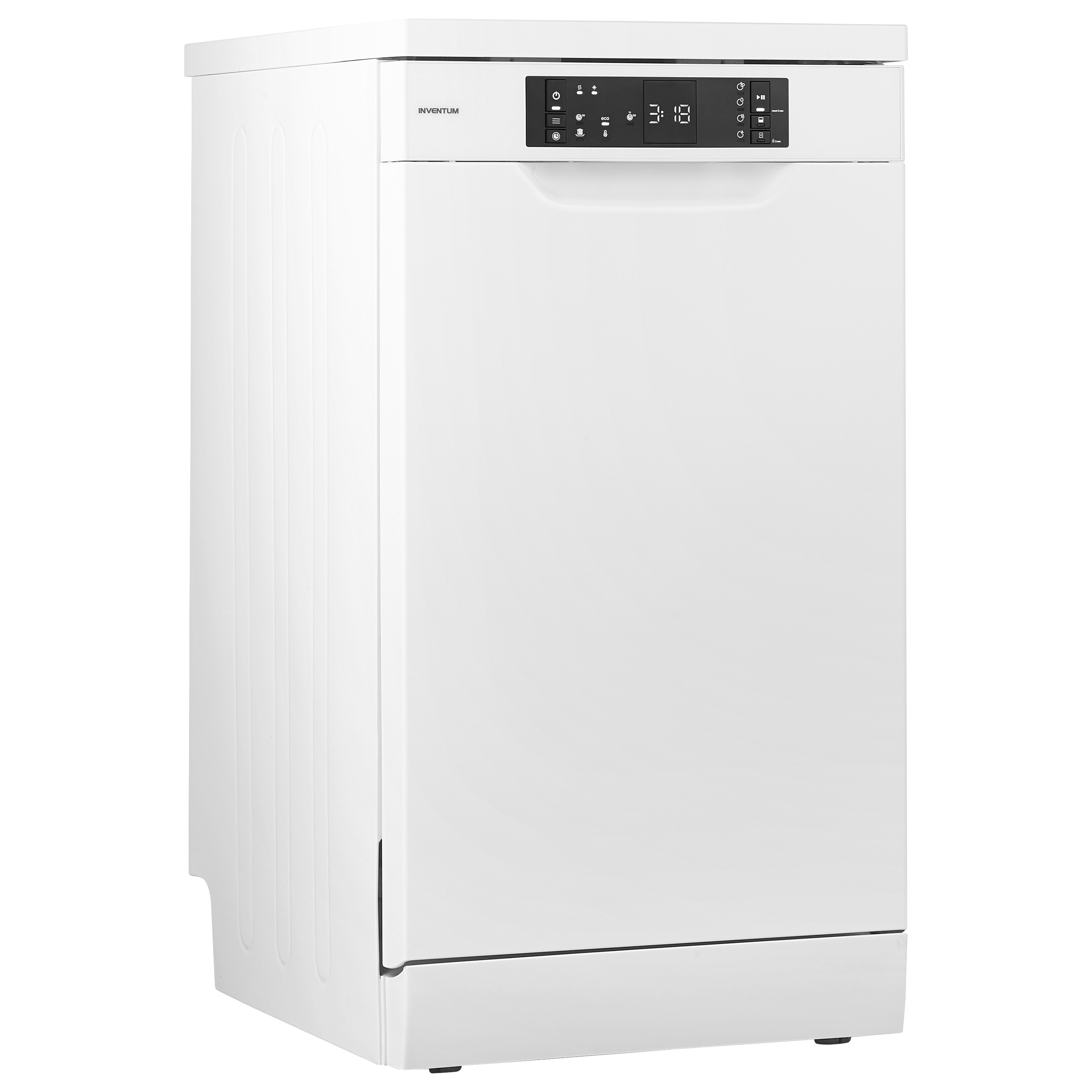 White dishwasher with a digital display showing time, control buttons, and the brand name on the front.