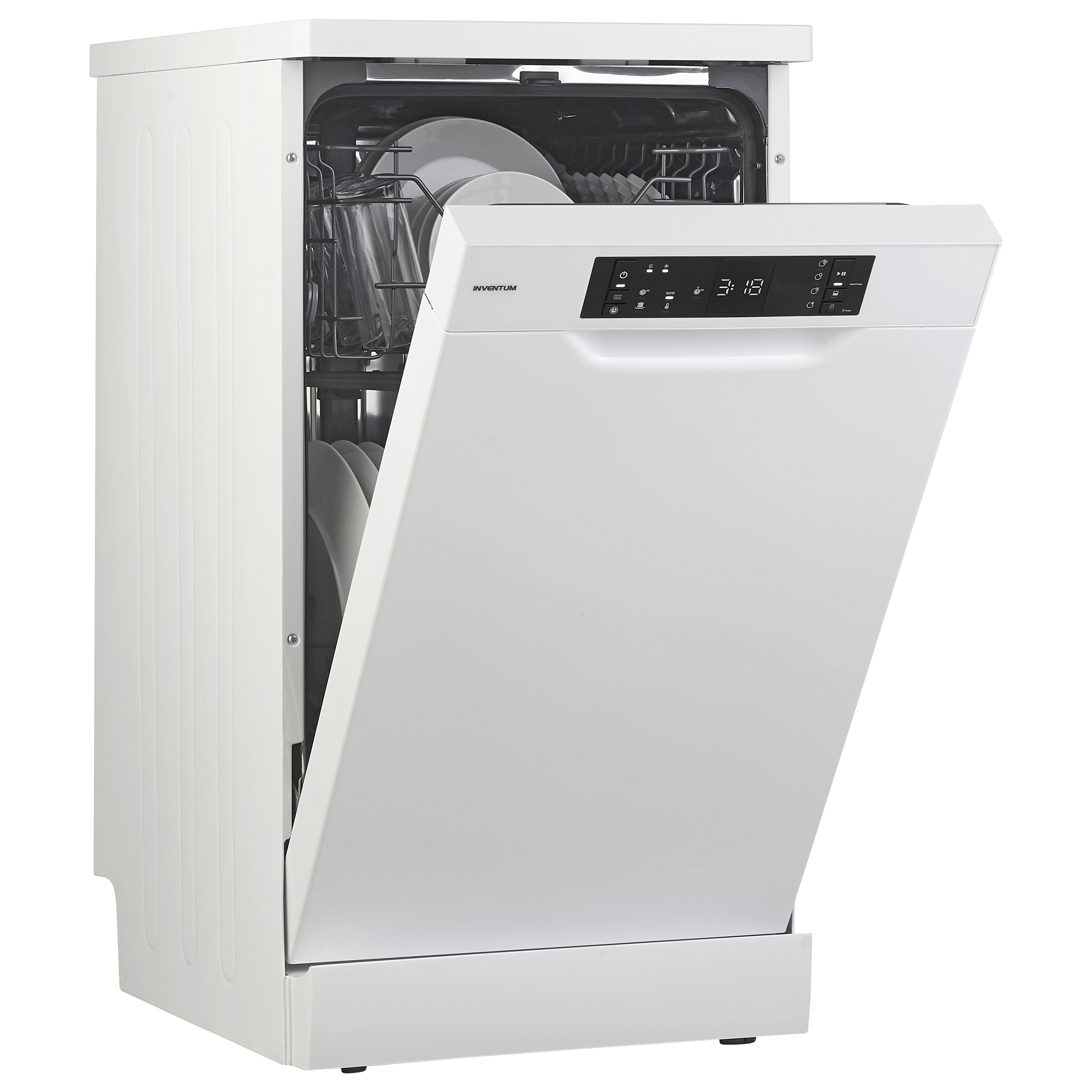 White dishwasher with the door open, showing dishes inside and a control panel with a digital display.