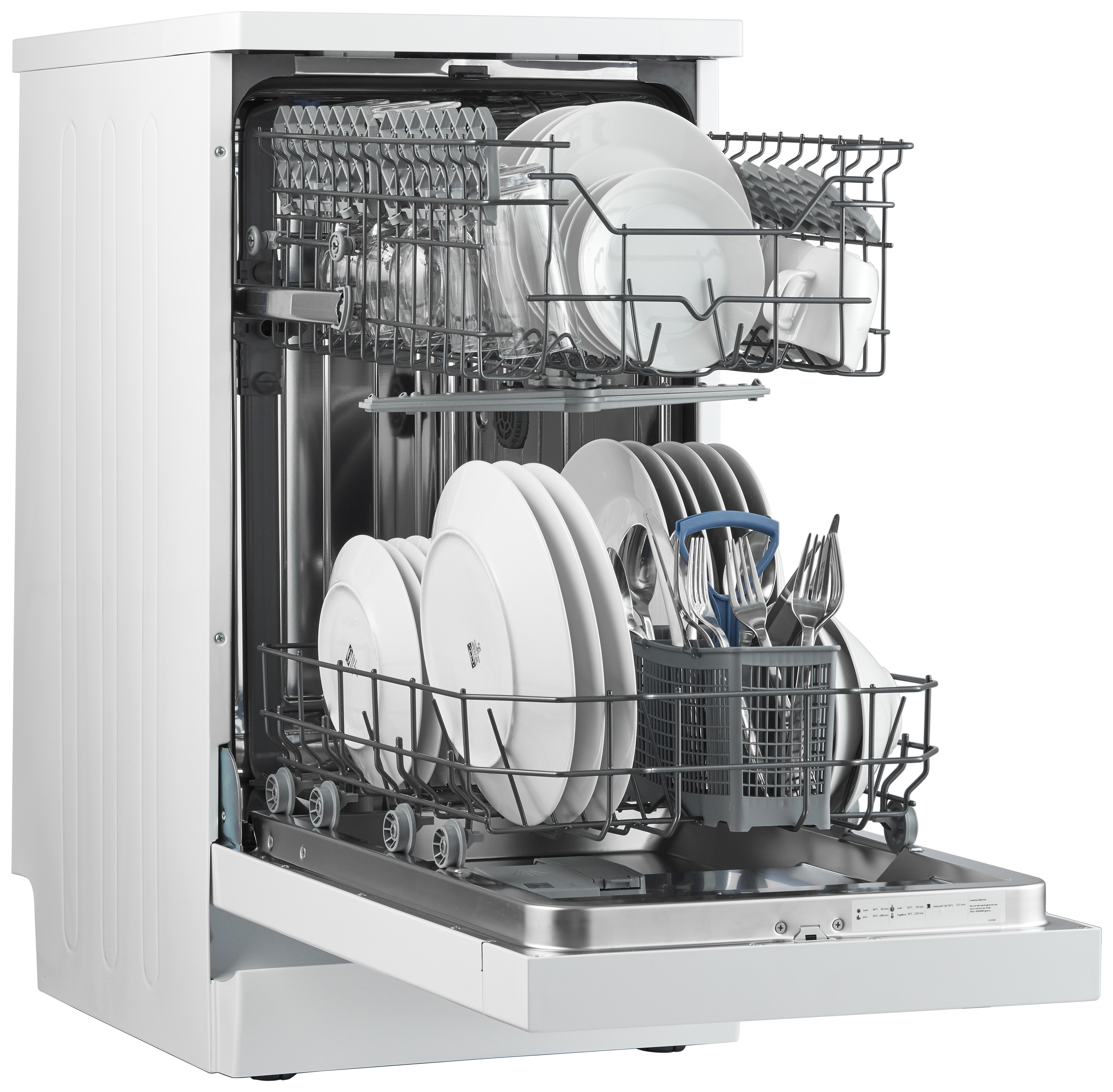 White dishwasher with the door open, showing racks with plates, cups, and silverware. White background.
