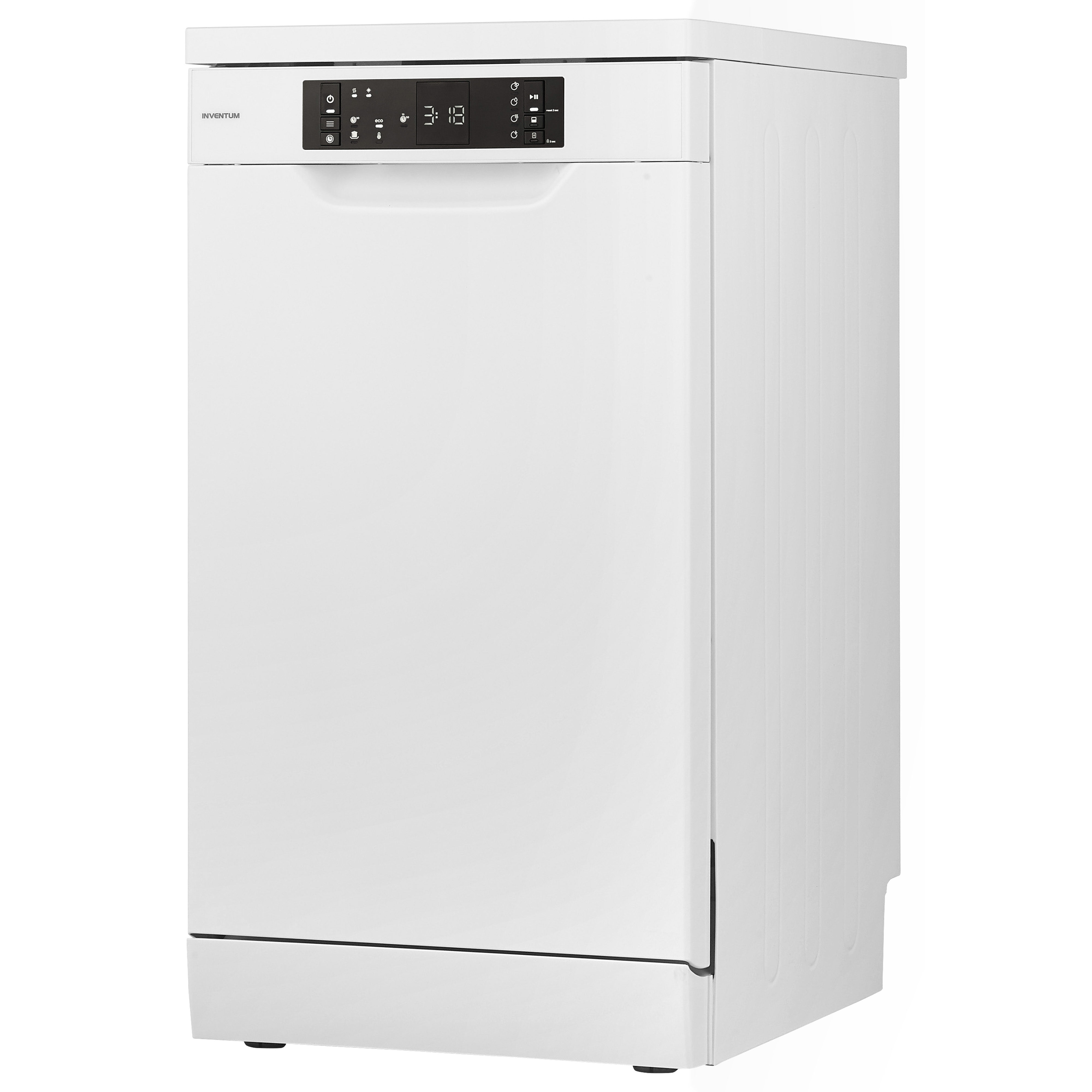 White dishwasher with a digital display, on a white background.