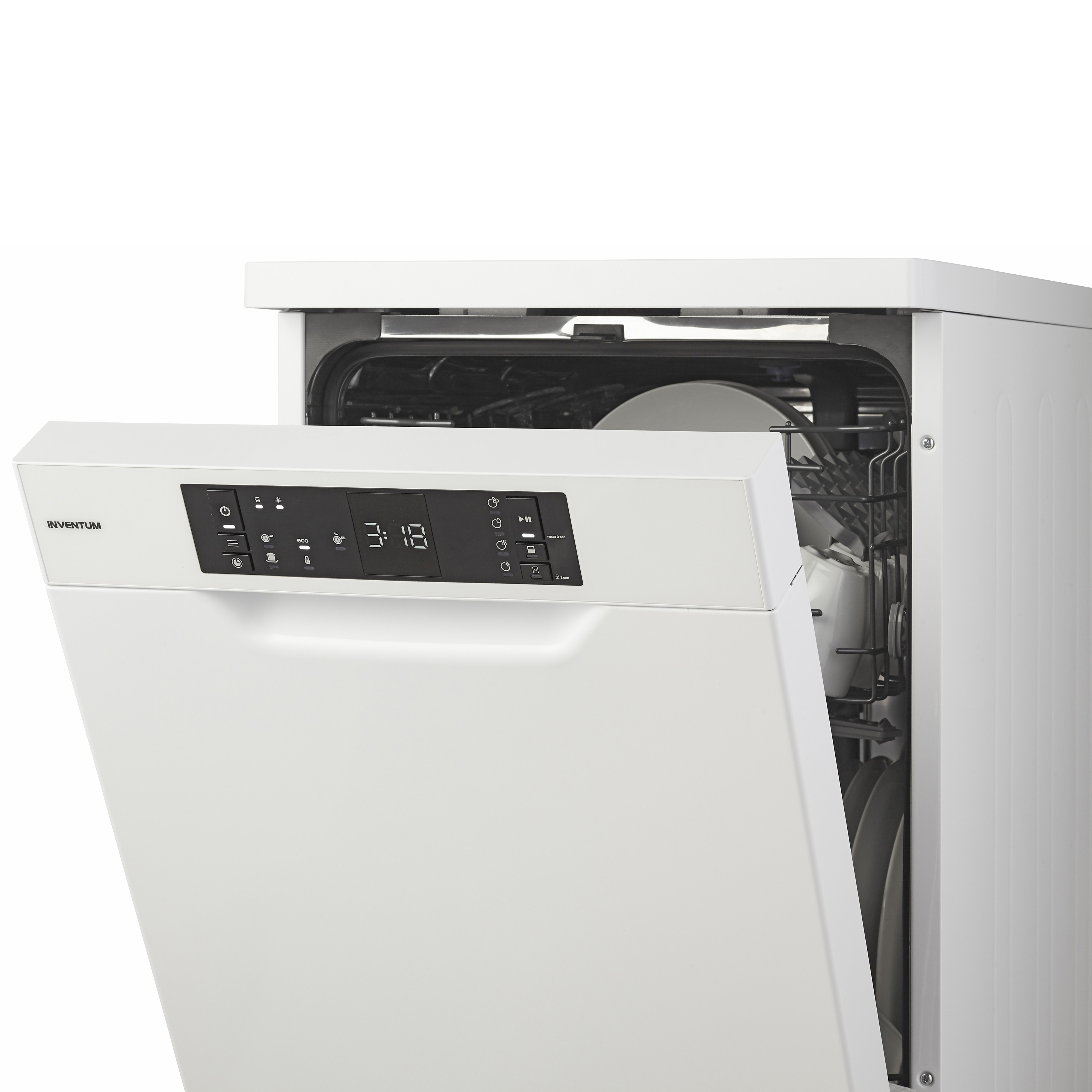 White dishwasher with the door partially open, showing the interior and control panel.