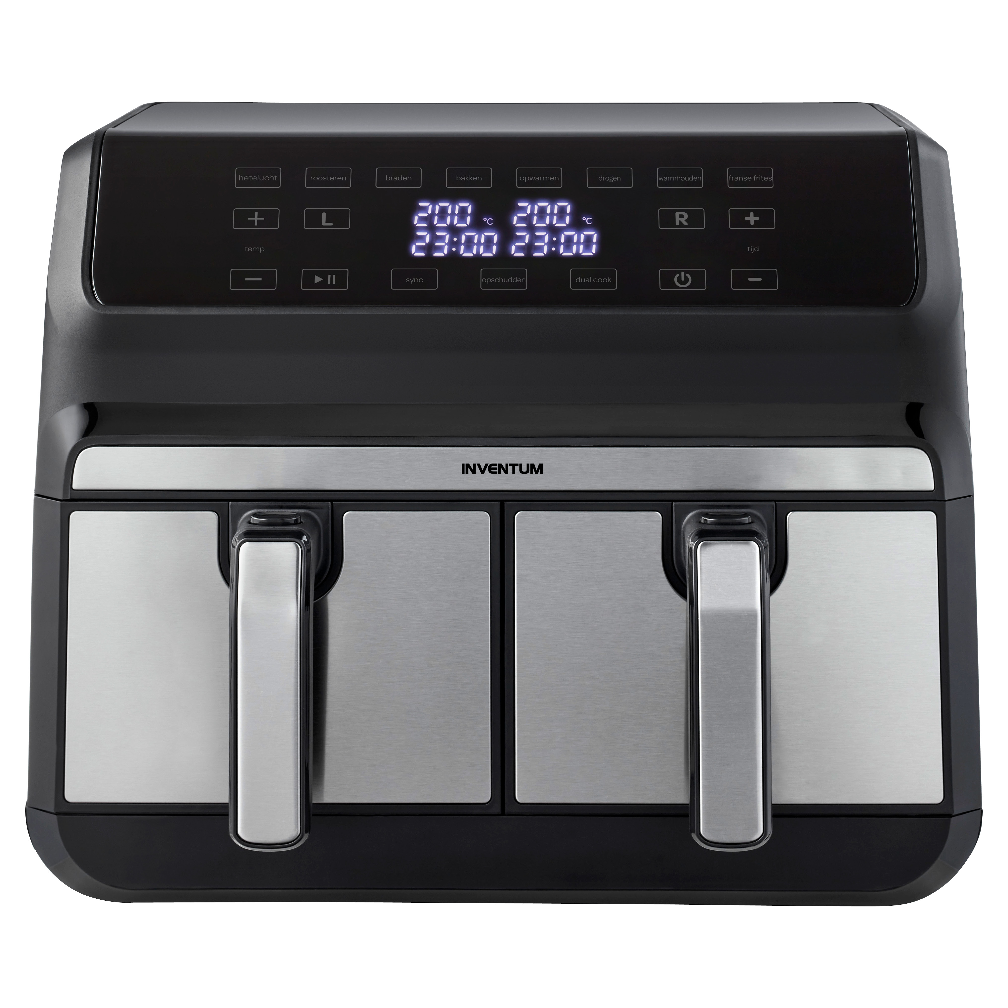 Zwarte airfryer met twee compartimenten. Digitaal display. Witte achtergrond.