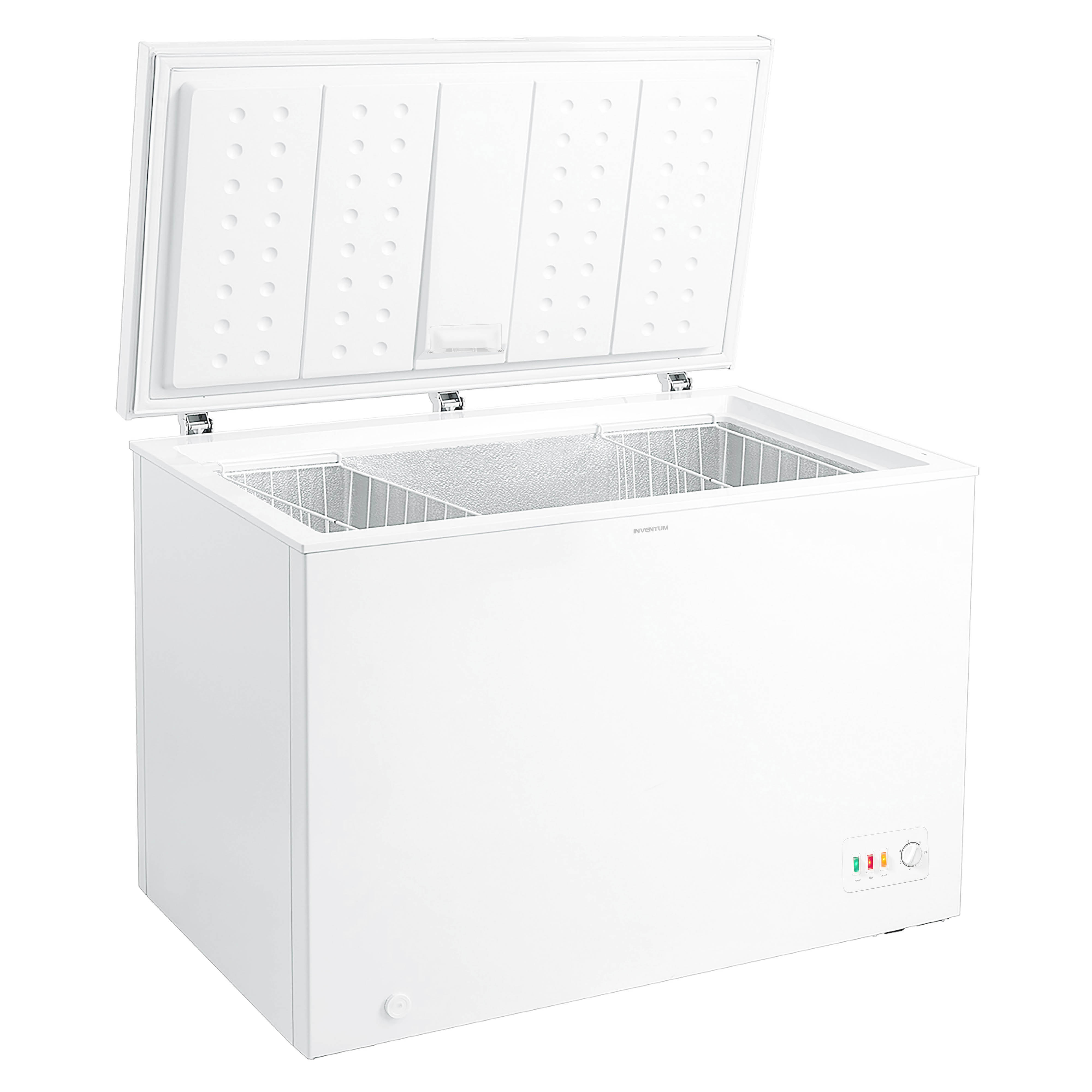 White chest freezer with open lid. It has three compartments inside.