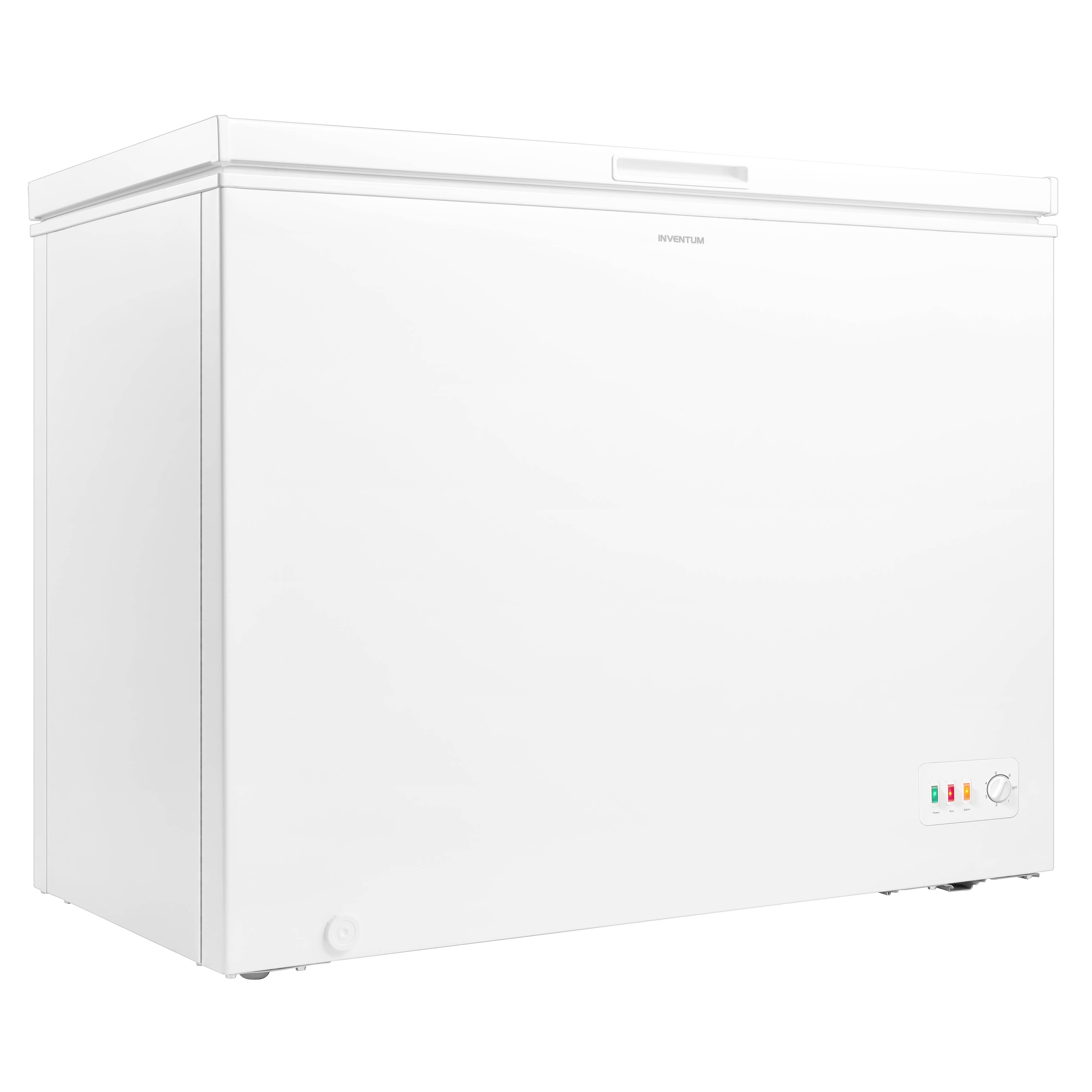 White chest freezer. The top has a handle. The brand name is Inventum.