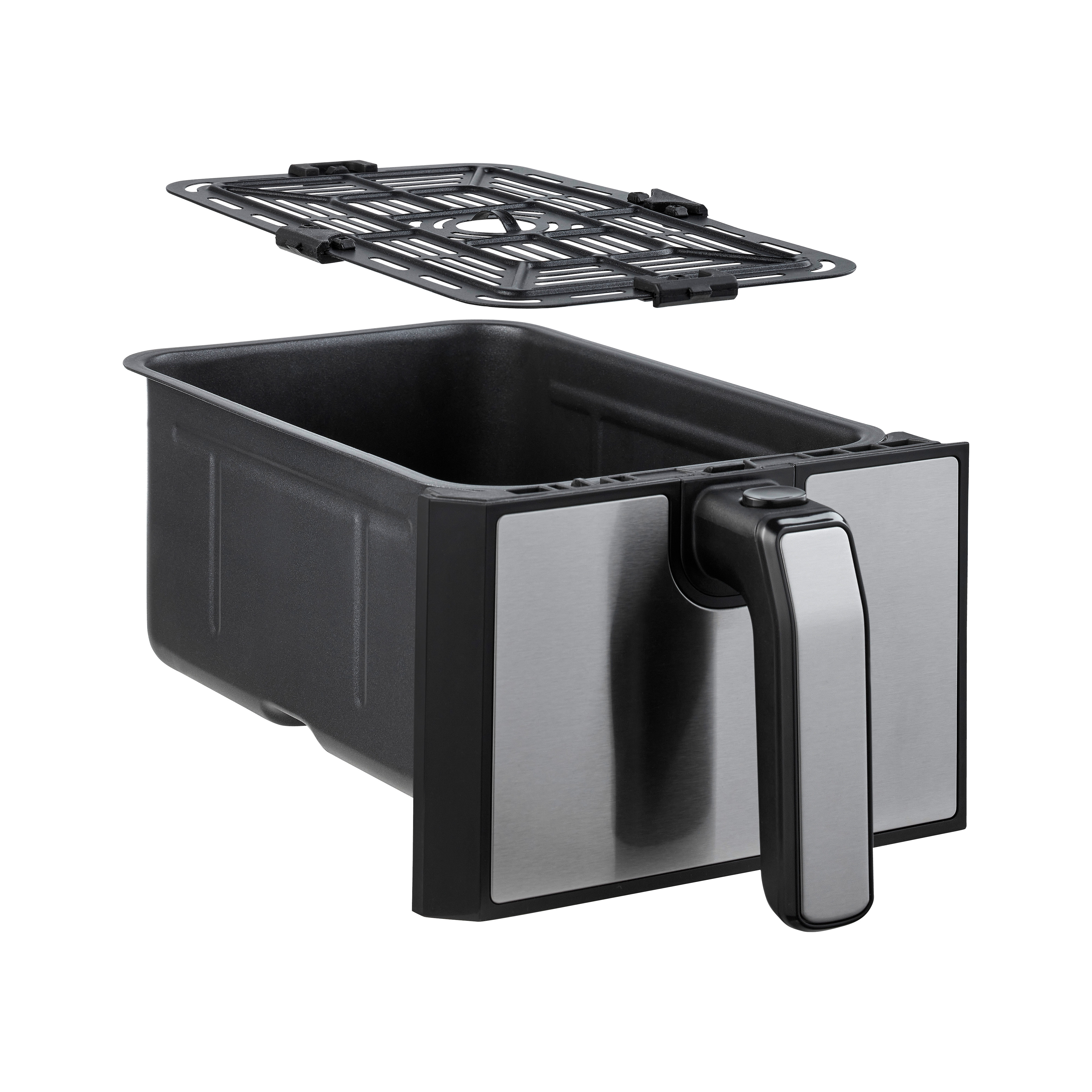 Airfryer componenten: een zwarte bak met handvat en een metalen rooster.