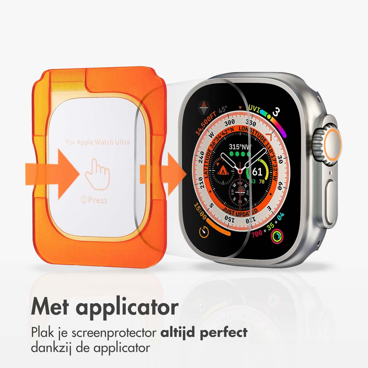 Apple Watch Ultra met screenprotector en applicator. Pijlen geven applicatie aan.