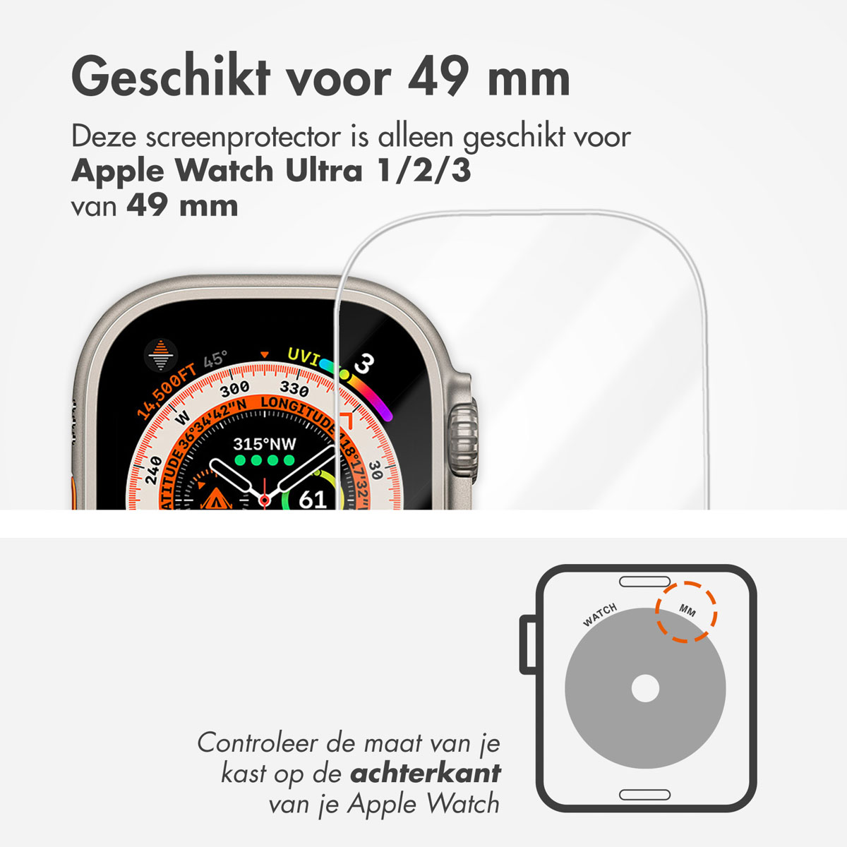 Een smartwatch met een schermbeschermer. De tekst luidt 'Geschikt voor 49 mm'.